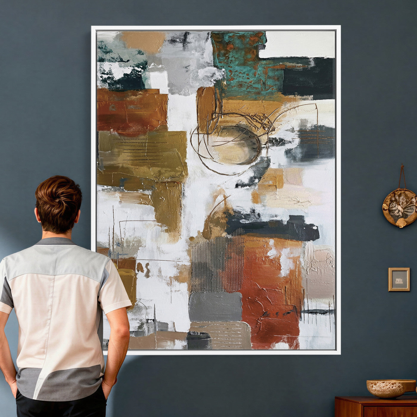 71530836-MGV-CV-24X36 - Blue Teal Abstract Canvas Wall Art, Modern Textured Painting Print, Navy Orange White Contemporary Art, Neutral Living Room Decor, Office Art
