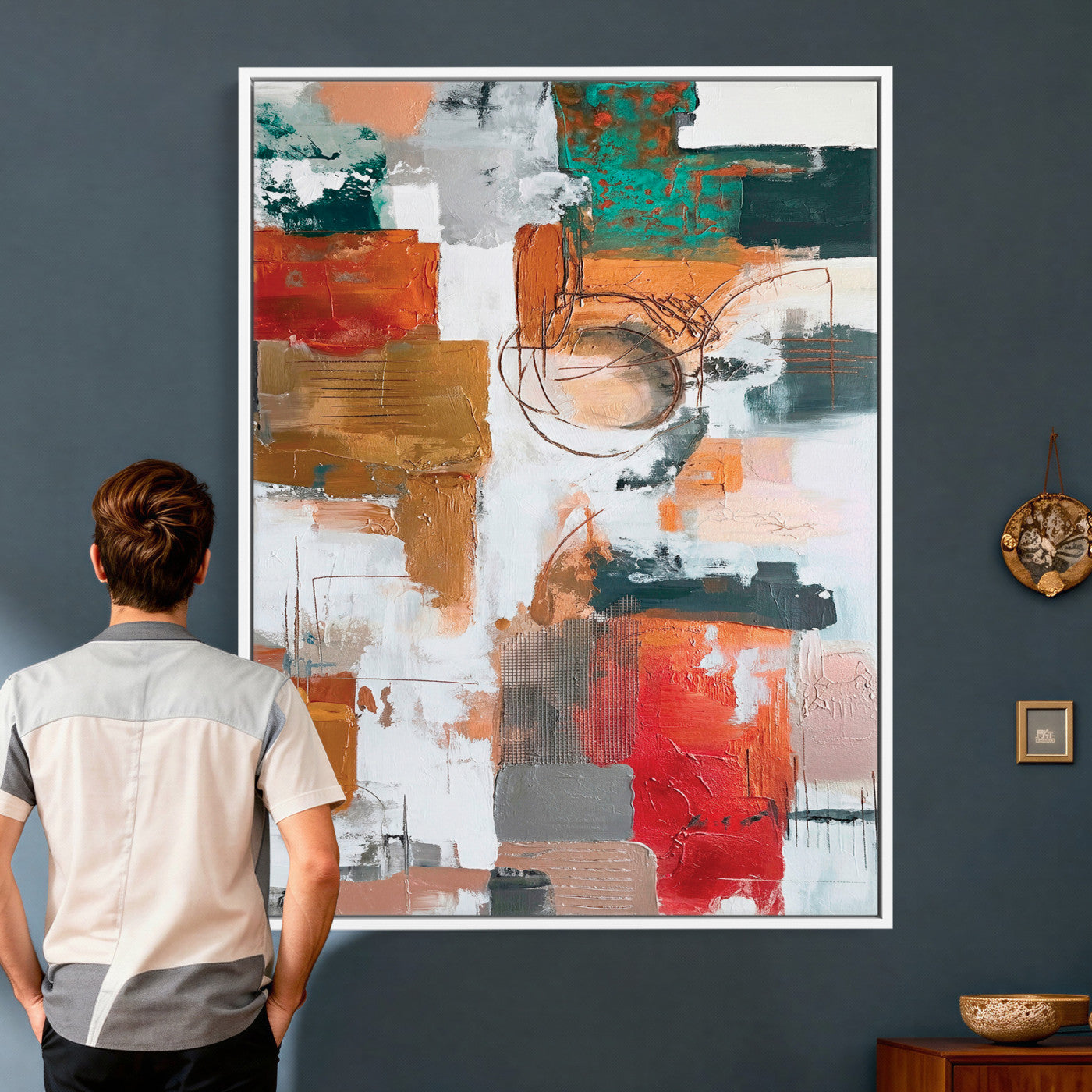 71530836-MGV-CV-24X36 - Blue Teal Abstract Canvas Wall Art | Modern Textured Painting Print, Navy Orange White Contemporary Art, Neutral Living Room Decor, Office Art