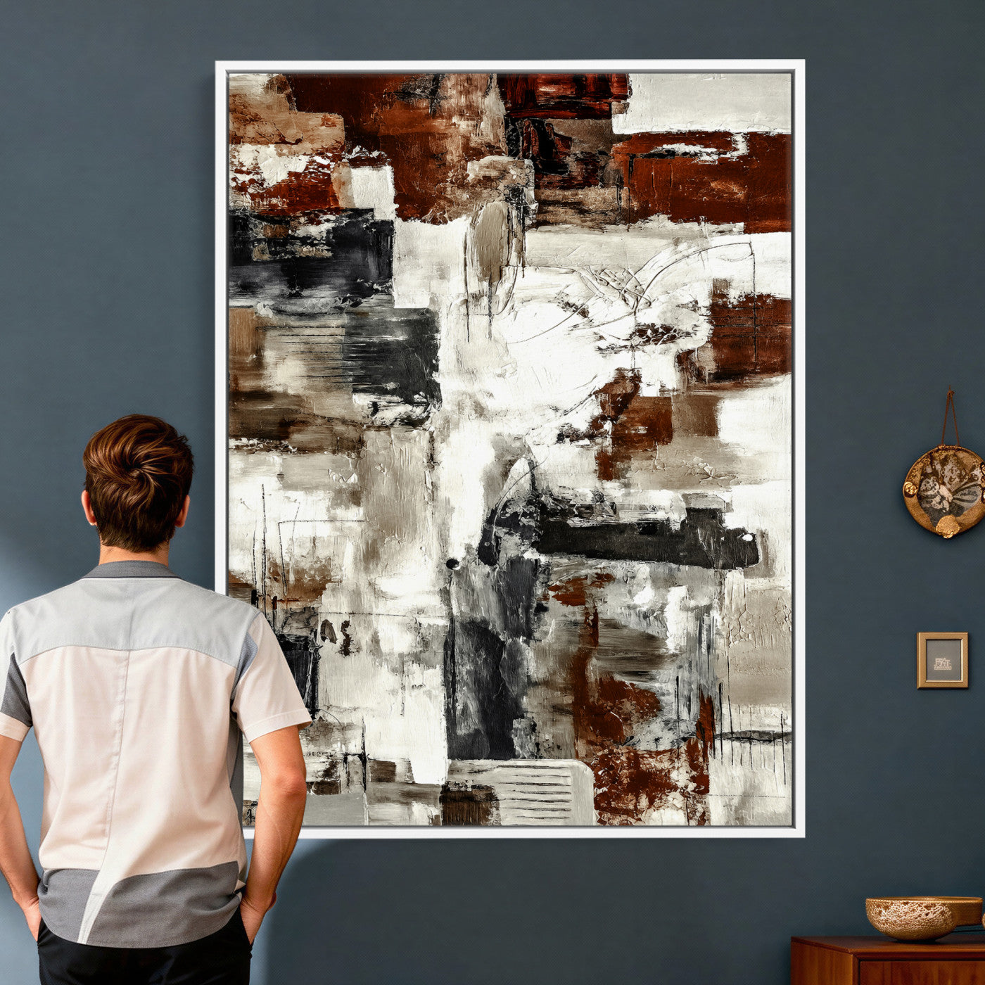 23953633-MGV-CV-24X36 - Blue Teal Abstract Canvas Wall Art, Modern Textured Painting Print, Navy Orange White Contemporary Art, Neutral Living Room Decor, Office Art