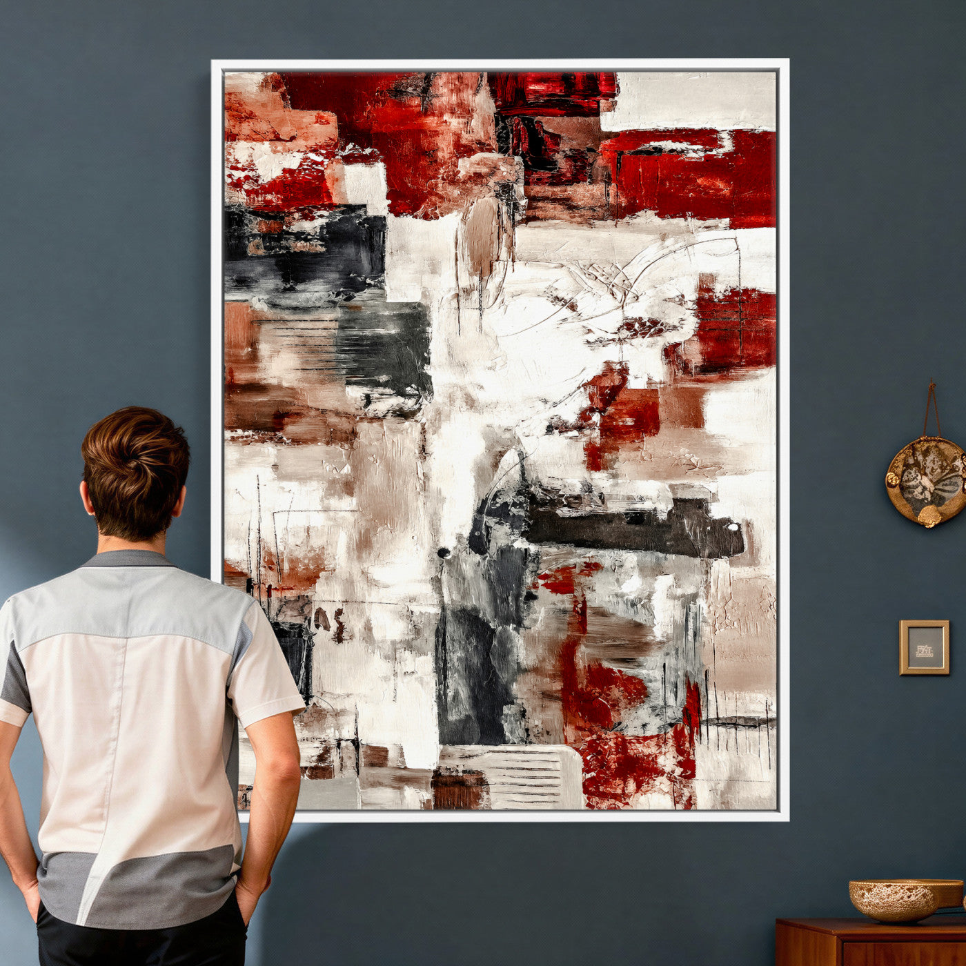 23953633-MGV-CV-24X36 - Blue Teal Abstract Canvas Wall Art | Modern Textured Painting Print, Navy Orange White Contemporary Art, Neutral Living Room Decor, Office Art