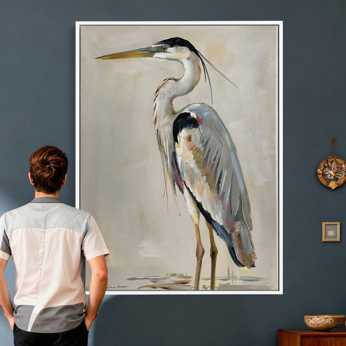 66936694-MGV-CV-24X36 - Great Blue Heron Canvas Wall Art Coastal Bird Oil Painting Print