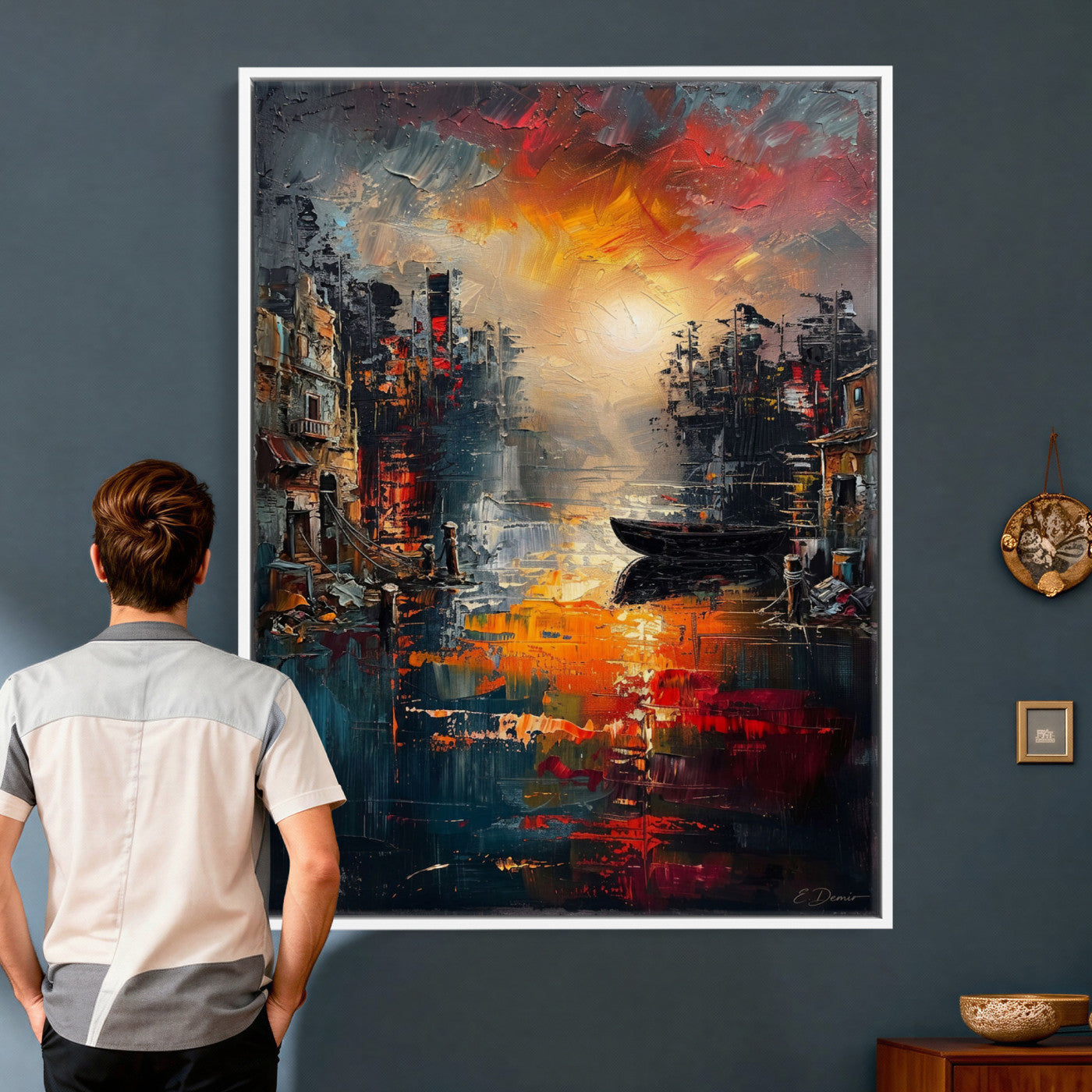 16611381-MGV-CV-24X36 - Vibrant Sunset Harbor Canvas Wall Art Abstract Cityscape Oil Painting Print