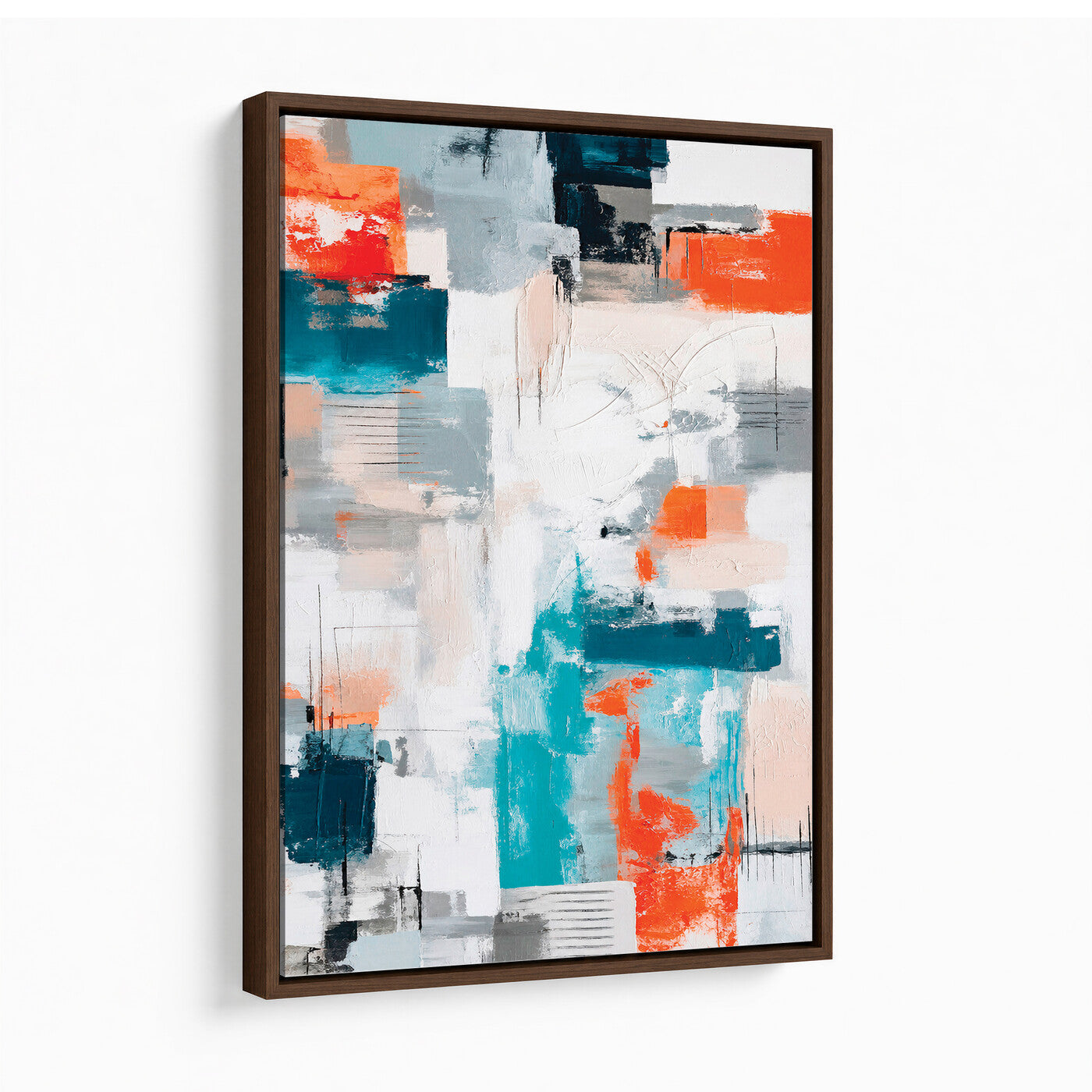 39825760-MGV-CV-24X36 - Blue Teal Abstract Canvas Wall Art - Modern Textured Painting Print, Navy Orange White Contemporary Art, Neutral Living Room Decor, Office Art
