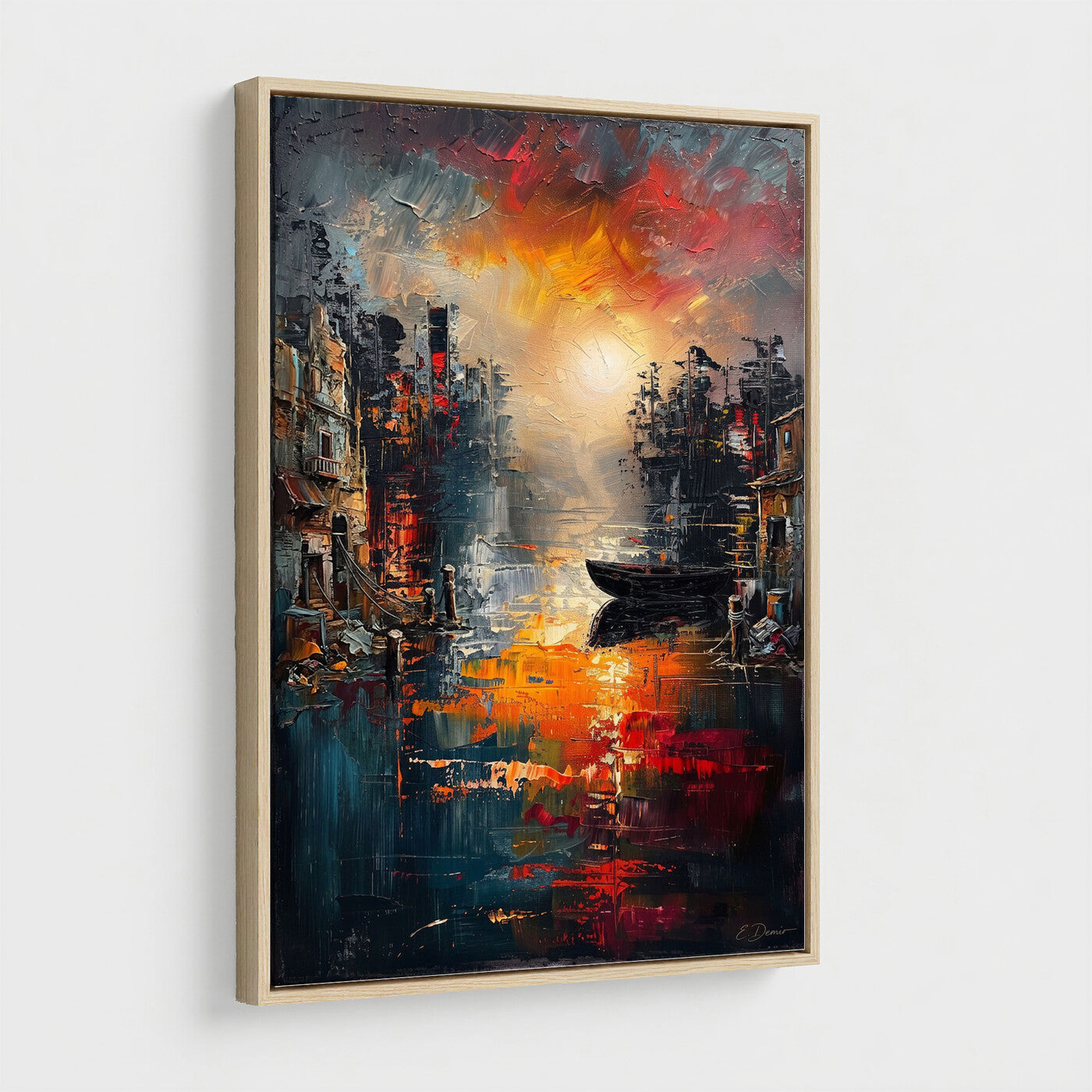 16611381-MGV-CV-24X36 - Vibrant Sunset Harbor Canvas Wall Art Abstract Cityscape Oil Painting Print