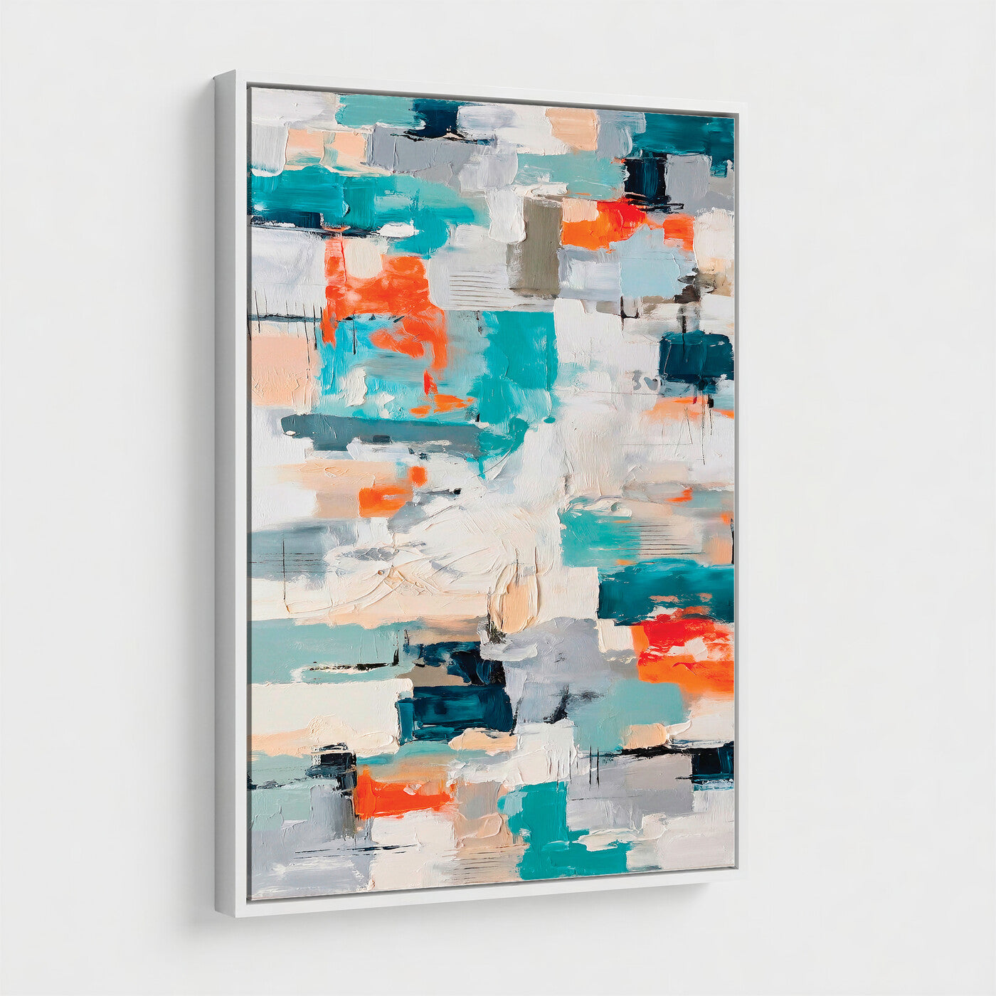 74742966-MGV-CV-24X36 - Blue Teal Abstract Canvas Wall Art - Modern Textured Painting Print, Navy Orange White Contemporary Art, Neutral Living Room Decor, Office Art