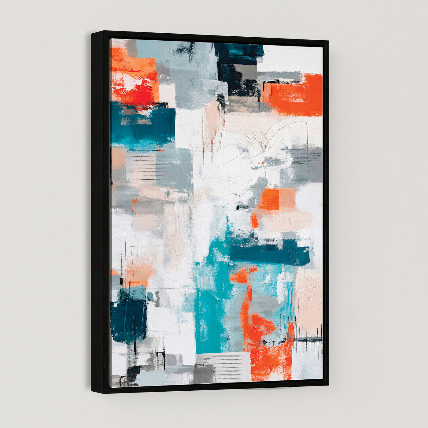 39825760-MGV-CV-24X36 - Blue Teal Abstract Canvas Wall Art - Modern Textured Painting Print, Navy Orange White Contemporary Art, Neutral Living Room Decor, Office Art