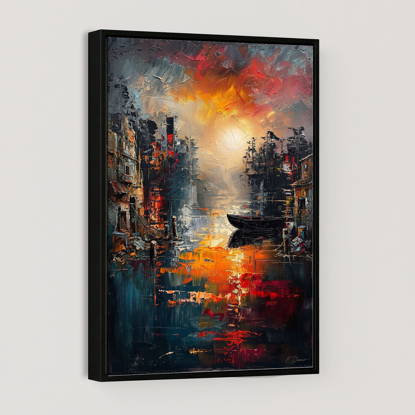 16611381-MGV-CV-24X36 - Vibrant Sunset Harbor Canvas Wall Art Abstract Cityscape Oil Painting Print
