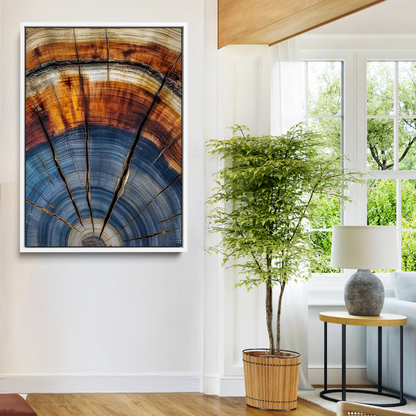 47703729-MGV-FC-36X24-Tree Rings Wall Art Canvas Print – Blue Wood Grain Rustic Natural Earthy Nature Artwork for Home, Office, Living Room