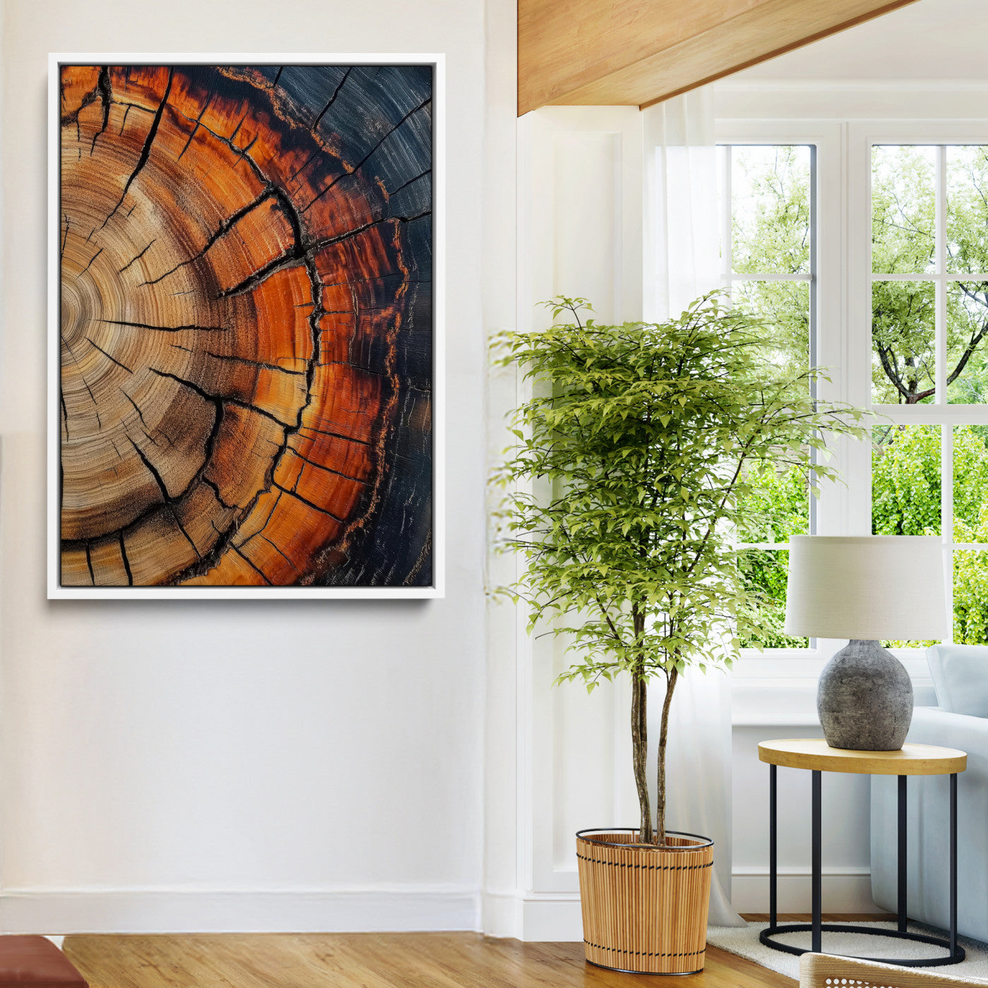 12078265-MGV-FC-36X24-Tree Rings Wall Art Canvas Print – Framed Burnt Wood Rustic Nature Growth Rings Organic Artwork for Home Office