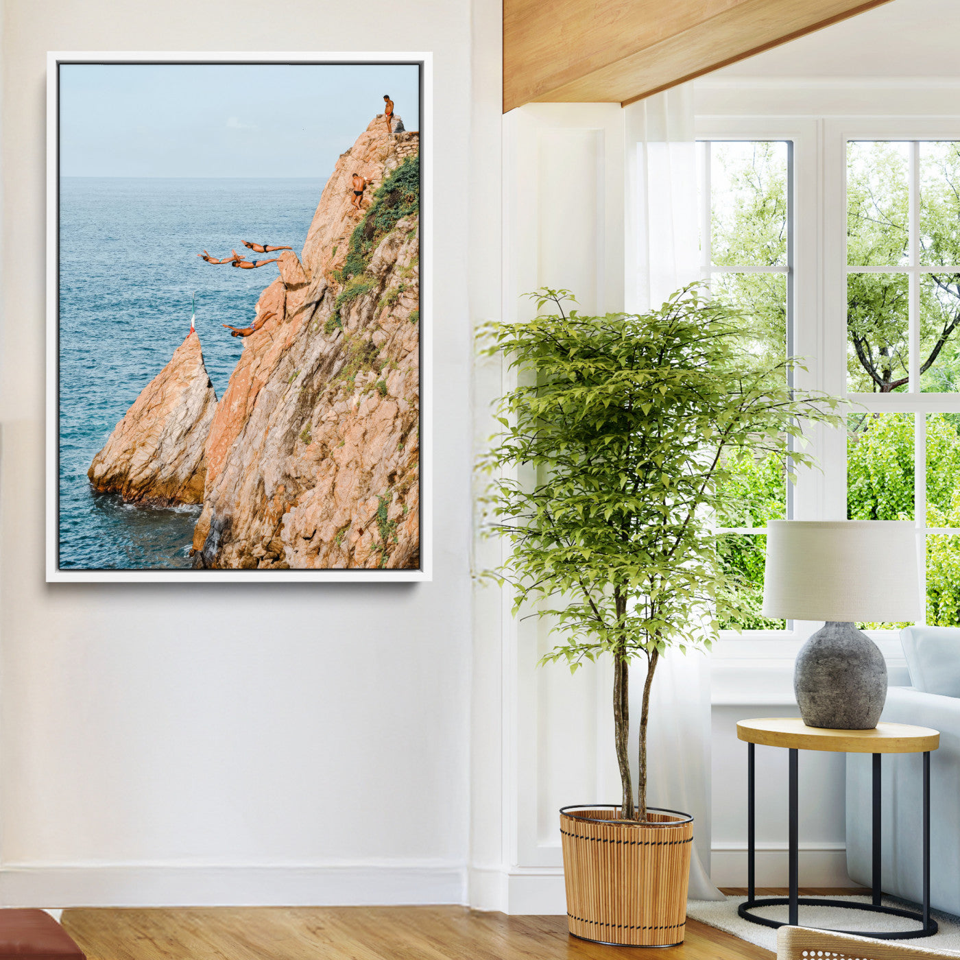 74527880-MGV-FC-36X24-Cliff Divers Wall Art Canvas Print, Framed Oceanfront Art Picture Print, Coastal Perfect Adventurous