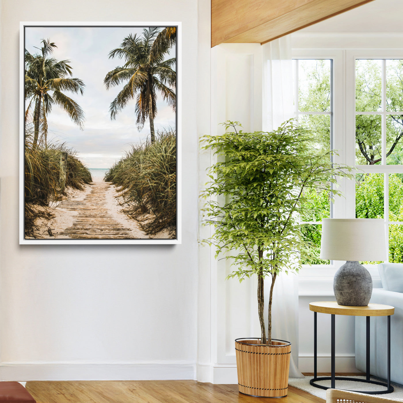 47319550-MGV-FC-36X24-Tropical Beach Wall Art Canvas Print – Framed Coastal Palm Tree Scene with Rustic Sand Ocean Artwork for Home, Office