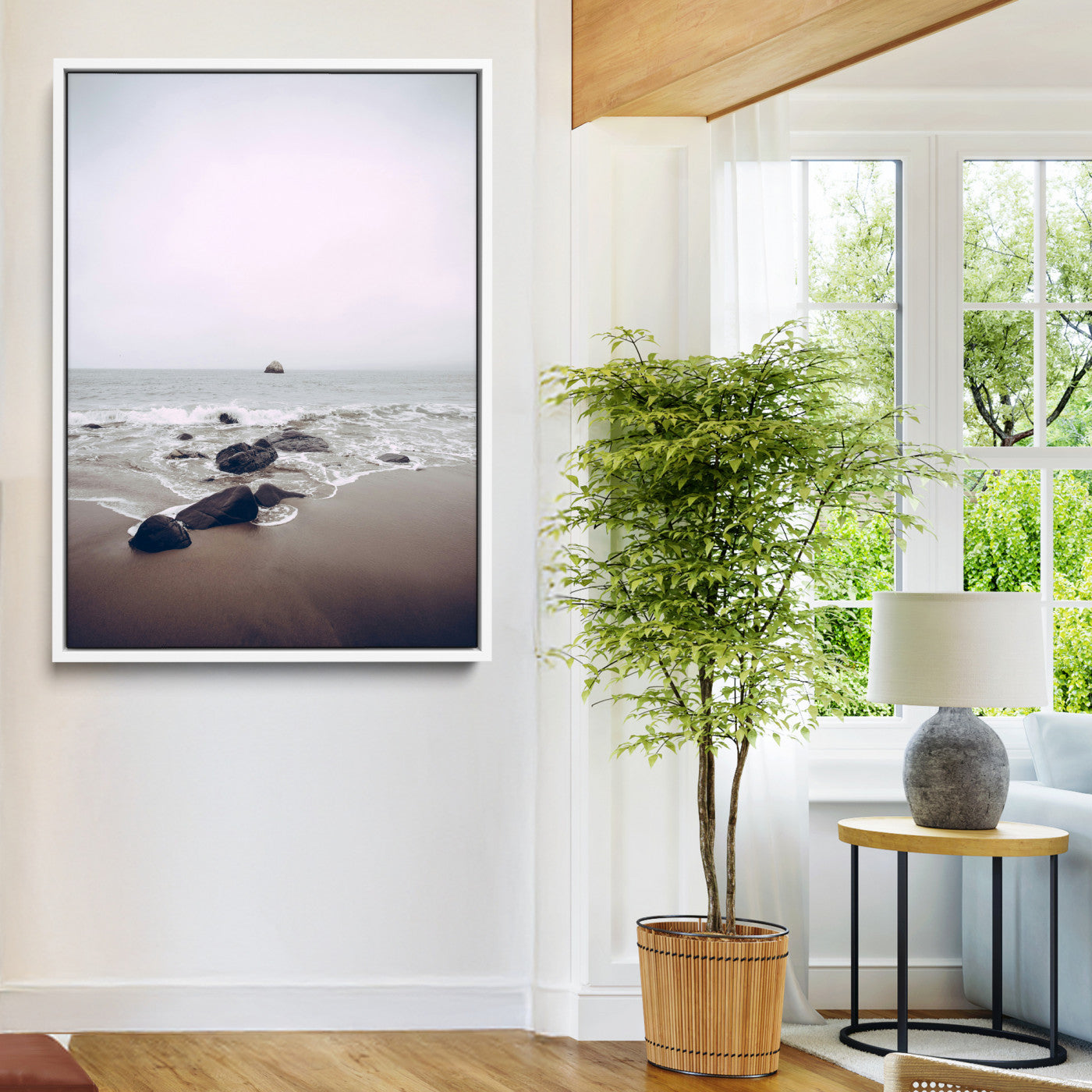 38272740-MGV-FC-24X36-Moody Seascape Wall Art Canvas Print – Foggy Ocean Waves Neutral Beach Scene Tranquil Coastal Nature Artwork for Home Office