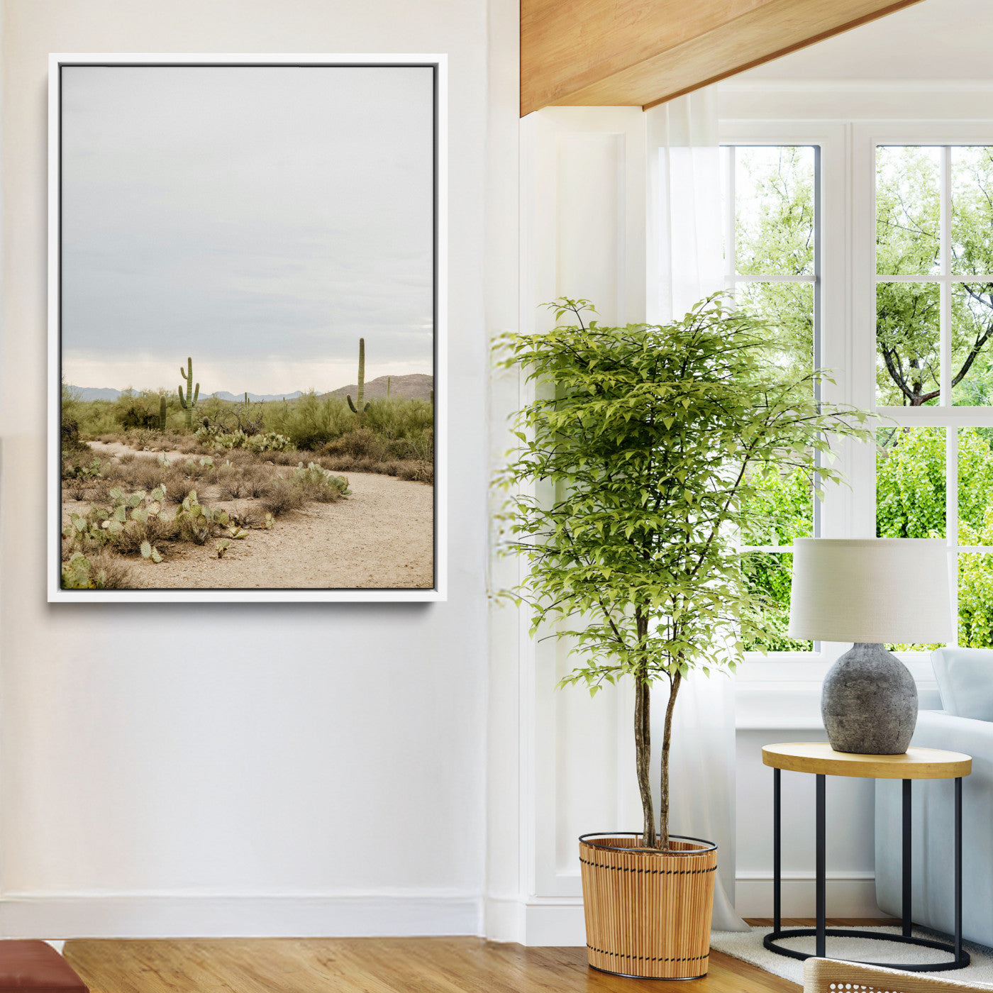 55042528-MGV-FC-24X36-Desert Landscape Wall Art Canvas Print – Cacti and Shrubs Pathway Natural Southwestern Scene Framed Artwork for Home Office