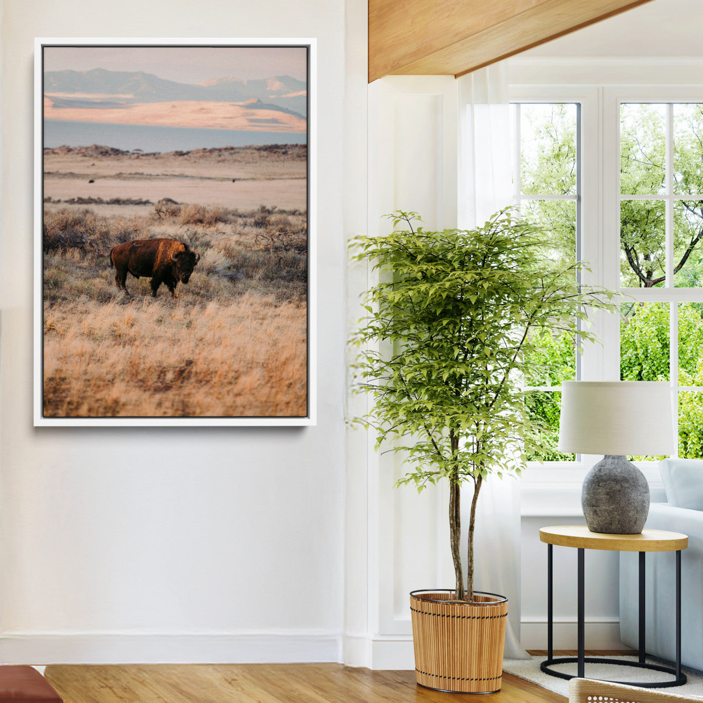 75146693-MGV-FC-24X36-Solitary Buffalo Wall Art Canvas Print – Framed Golden Prairie Scene Earthy Tones Rustic Nature Artwork for Home Office