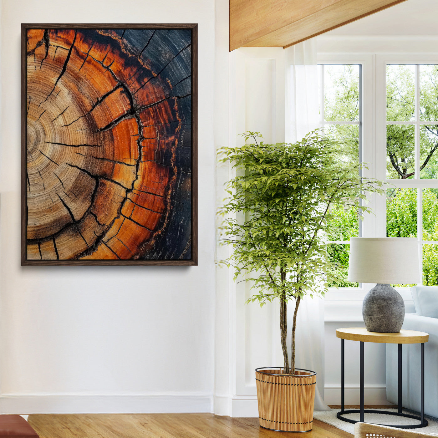 12078265-MGV-CV-36X24-Tree Rings Wall Art Canvas Print – Framed Burnt Wood Rustic Nature Growth Rings Organic Artwork for Home Office