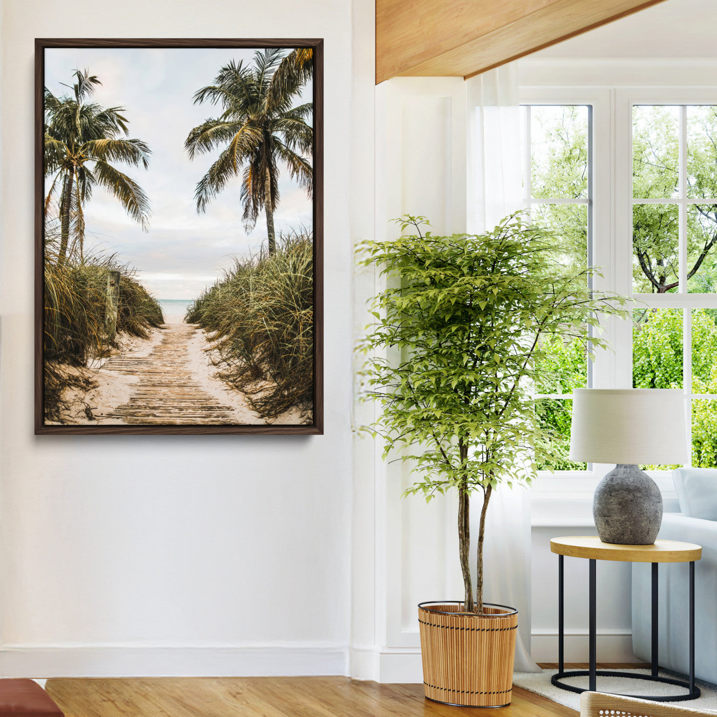 47319550-MGV-CV-36X24-Tropical Beach Wall Art Canvas Print – Framed Coastal Palm Tree Scene with Rustic Sand Ocean Artwork for Home, Office