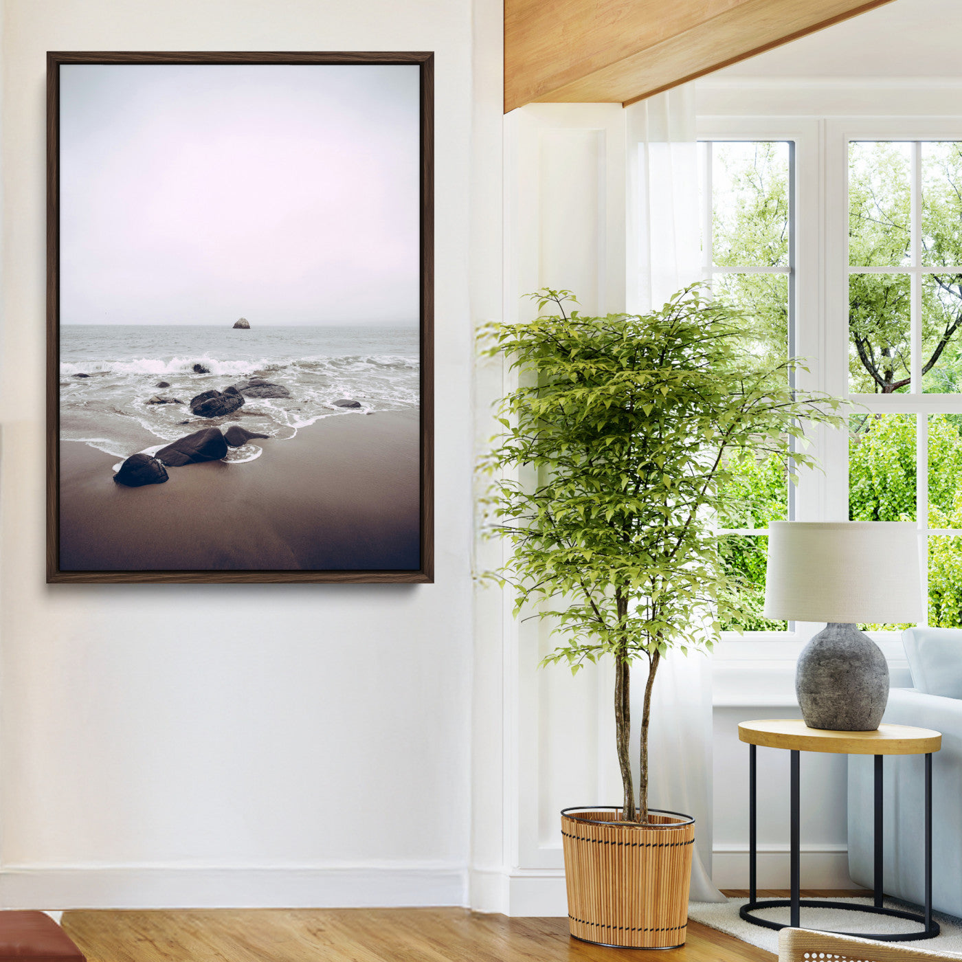 38272740-MGV-CV-24X36-Moody Seascape Wall Art Canvas Print – Foggy Ocean Waves Neutral Beach Scene Tranquil Coastal Nature Artwork for Home Office