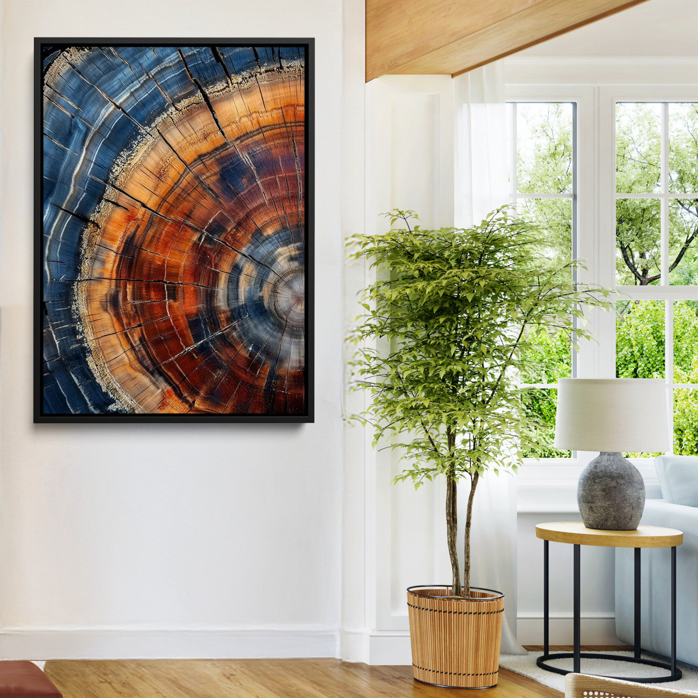 38379387-MGV-CV-36X24-Tree Rings Wall Art Canvas Print – Blue Wood Grain Rustic Texture Natural Earthy Nature Artwork for Home Office