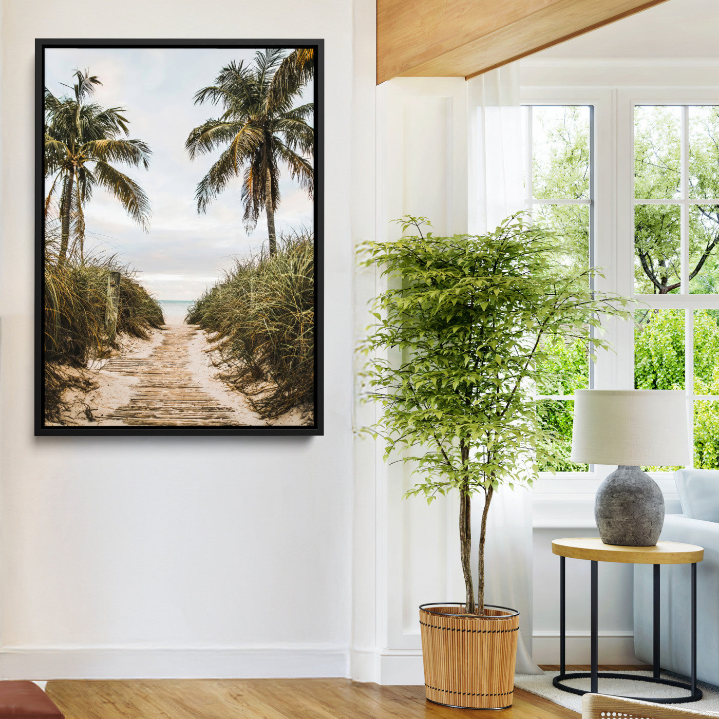47319550-MGV-CV-36X24-Tropical Beach Wall Art Canvas Print – Framed Coastal Palm Tree Scene with Rustic Sand Ocean Artwork for Home, Office