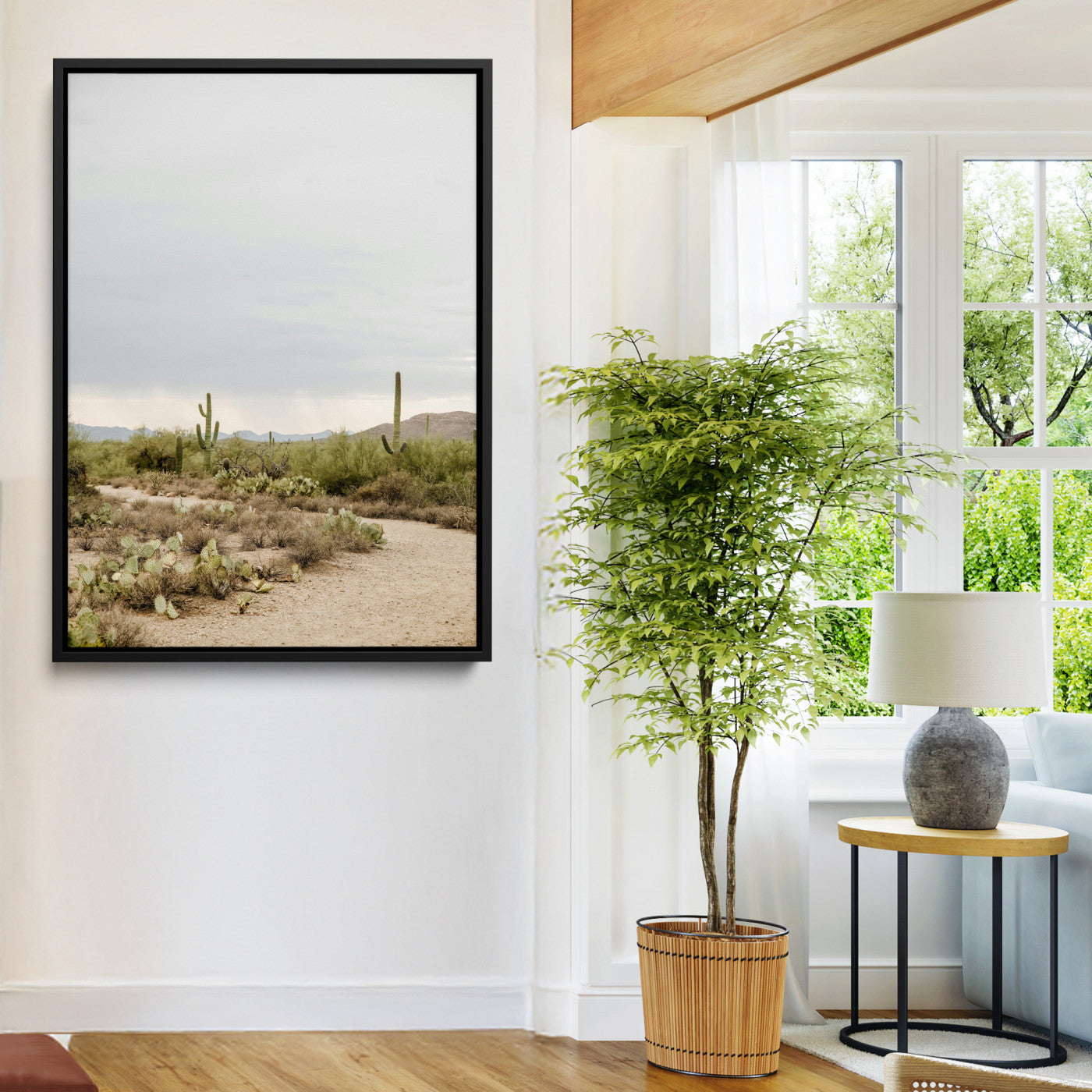 55042528-MGV-CV-24X36-Desert Landscape Wall Art Canvas Print – Cacti and Shrubs Pathway Natural Southwestern Scene Framed Artwork for Home Office