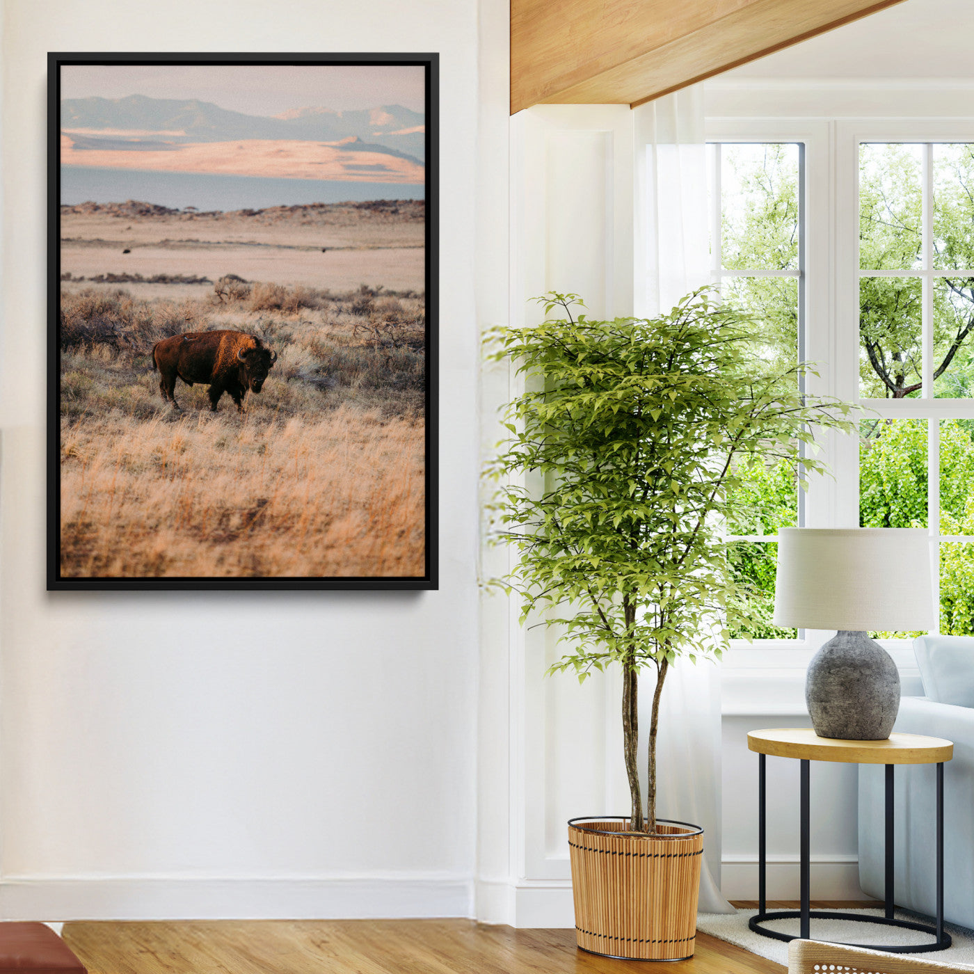 75146693-MGV-CV-24X36-Solitary Buffalo Wall Art Canvas Print – Framed Golden Prairie Scene Earthy Tones Rustic Nature Artwork for Home Office