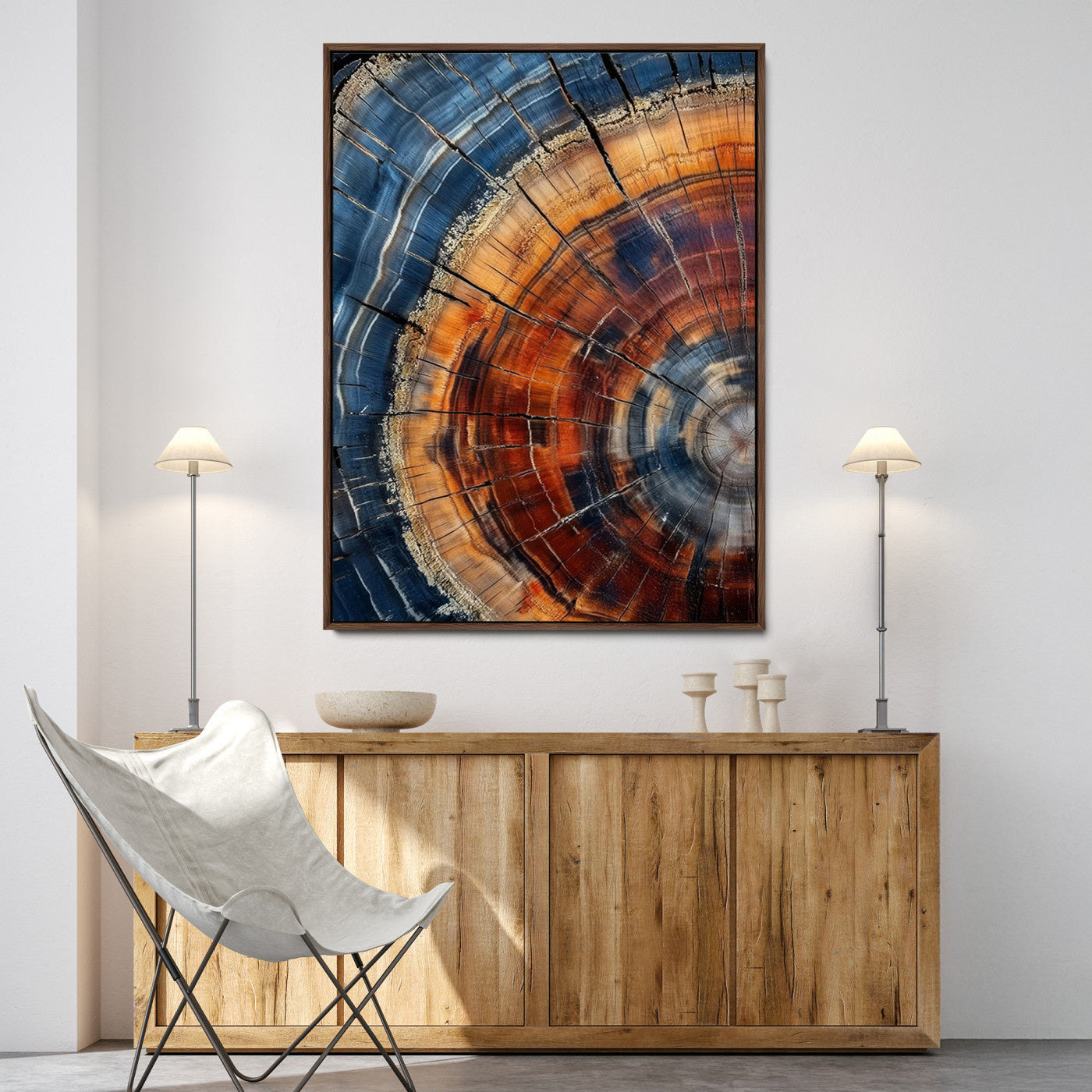 38379387-MGV-FC-36X24-Tree Rings Wall Art Canvas Print – Blue Wood Grain Rustic Texture Natural Earthy Nature Artwork for Home Office