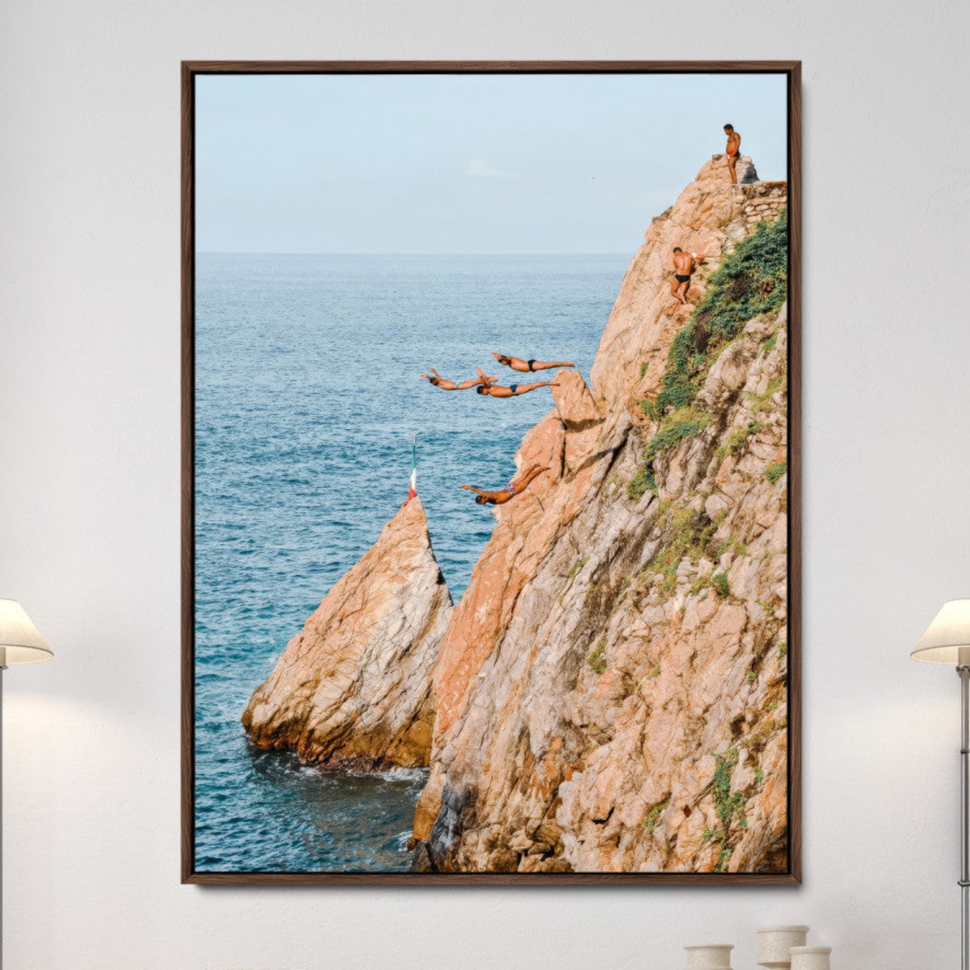 74527880-MGV-FC-36X24-Cliff Divers Wall Art Canvas Print – Oceanfront Cliffs Waves Adventurous Coastal Scene Framed Canvas Artwork