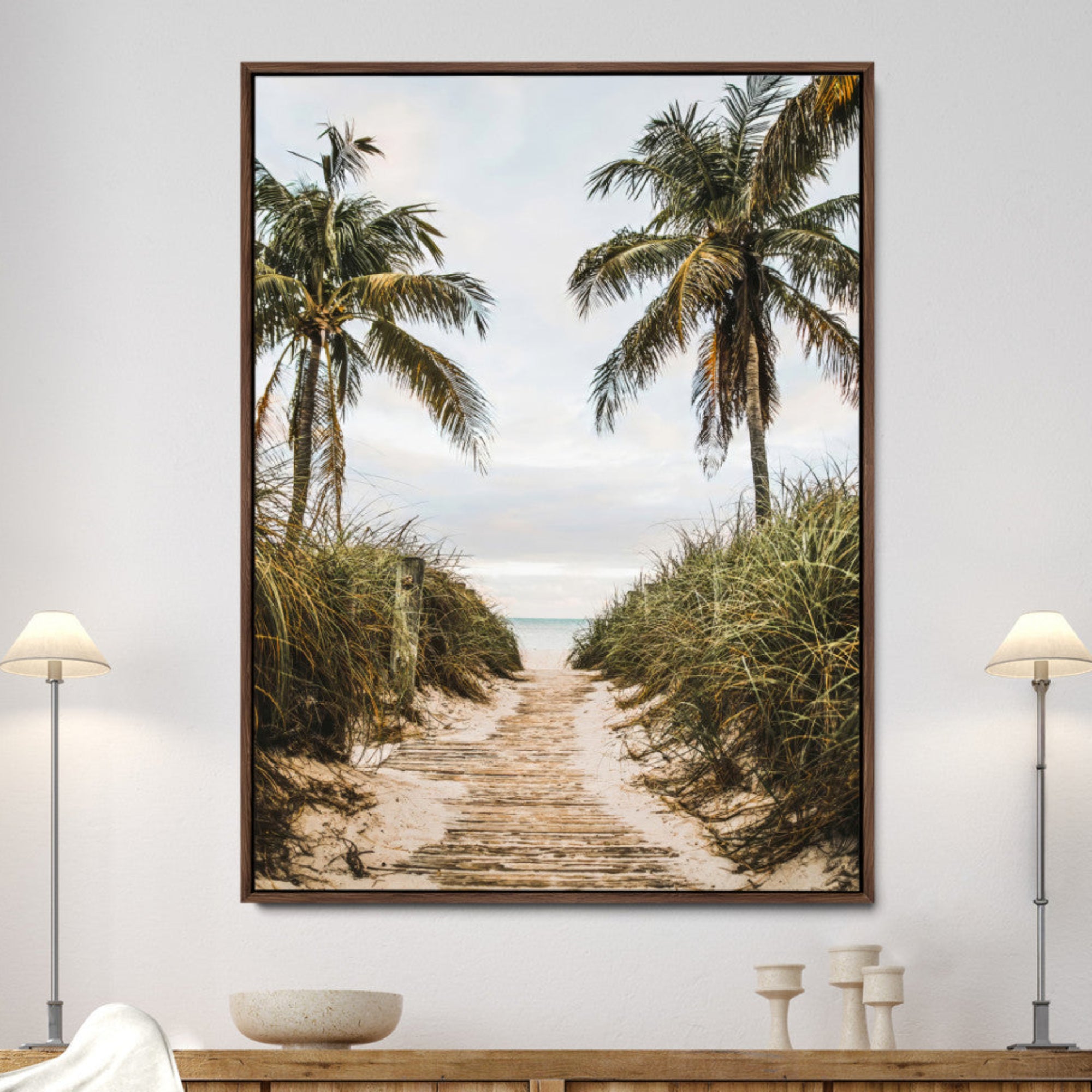 47319550-MGV-FC-36X24-Tropical Beach Wall Art Canvas Print – Framed Coastal Palm Tree Scene with Rustic Sand Ocean Artwork for Home, Office