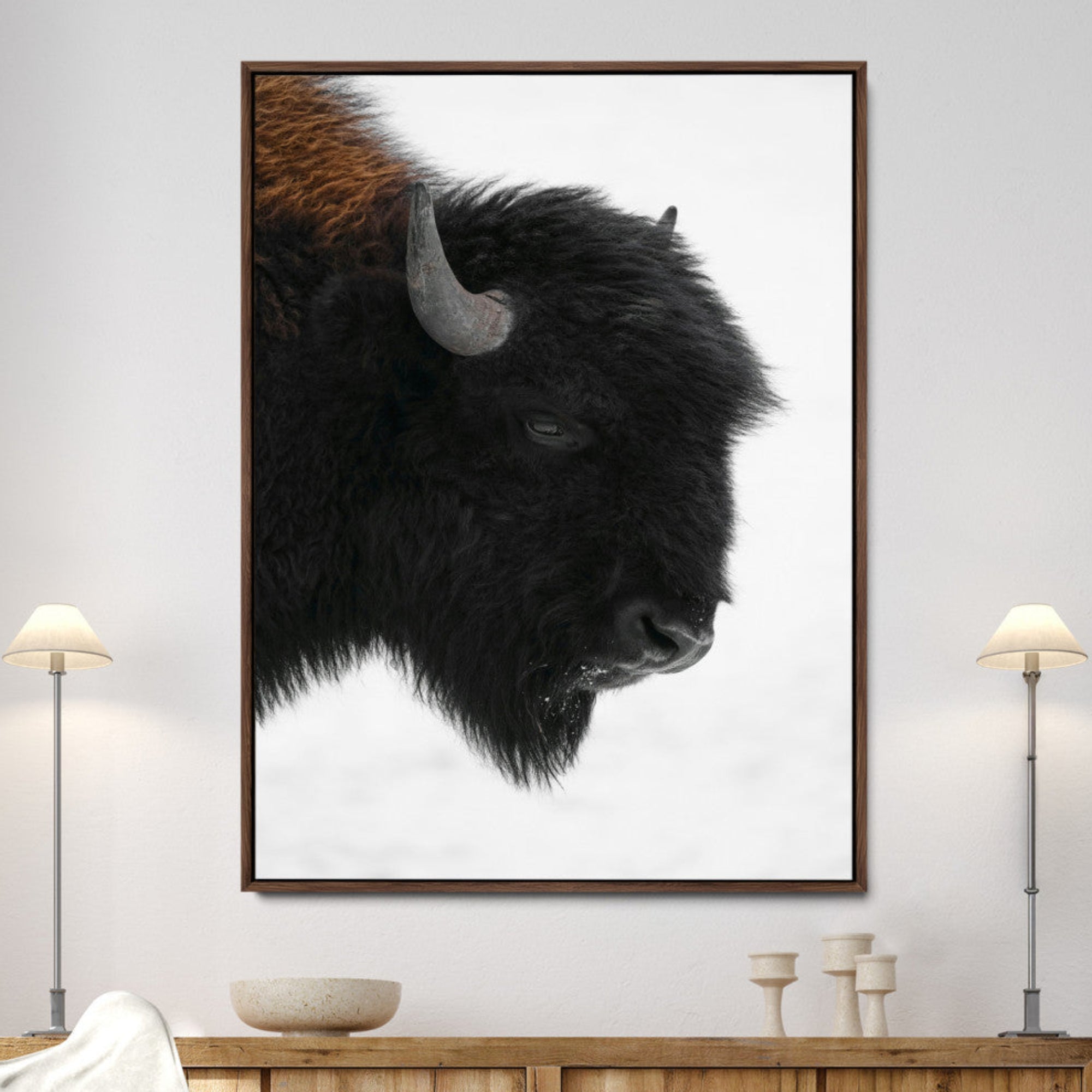 73956942-MGV-FC-24X36-Western Rustic Wall Art Canvas Print Framed Buffalo Photography Black White Art Print for Home, Office, Living Room