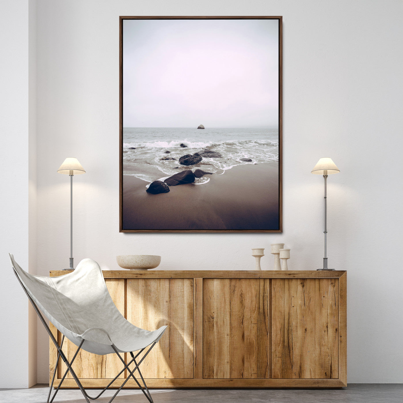 38272740-MGV-FC-24X36-Moody Seascape Wall Art Canvas Print – Foggy Ocean Waves Neutral Beach Scene Tranquil Coastal Nature Artwork for Home Office