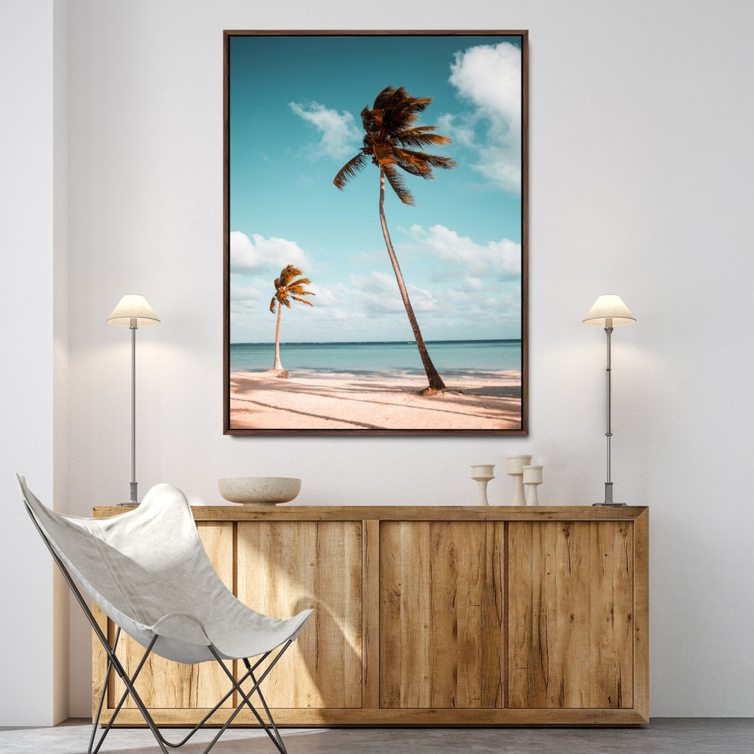 Tropical Beach Wall Art Canvas Print, Framed Coastal Palm Trees Serene Ocean View