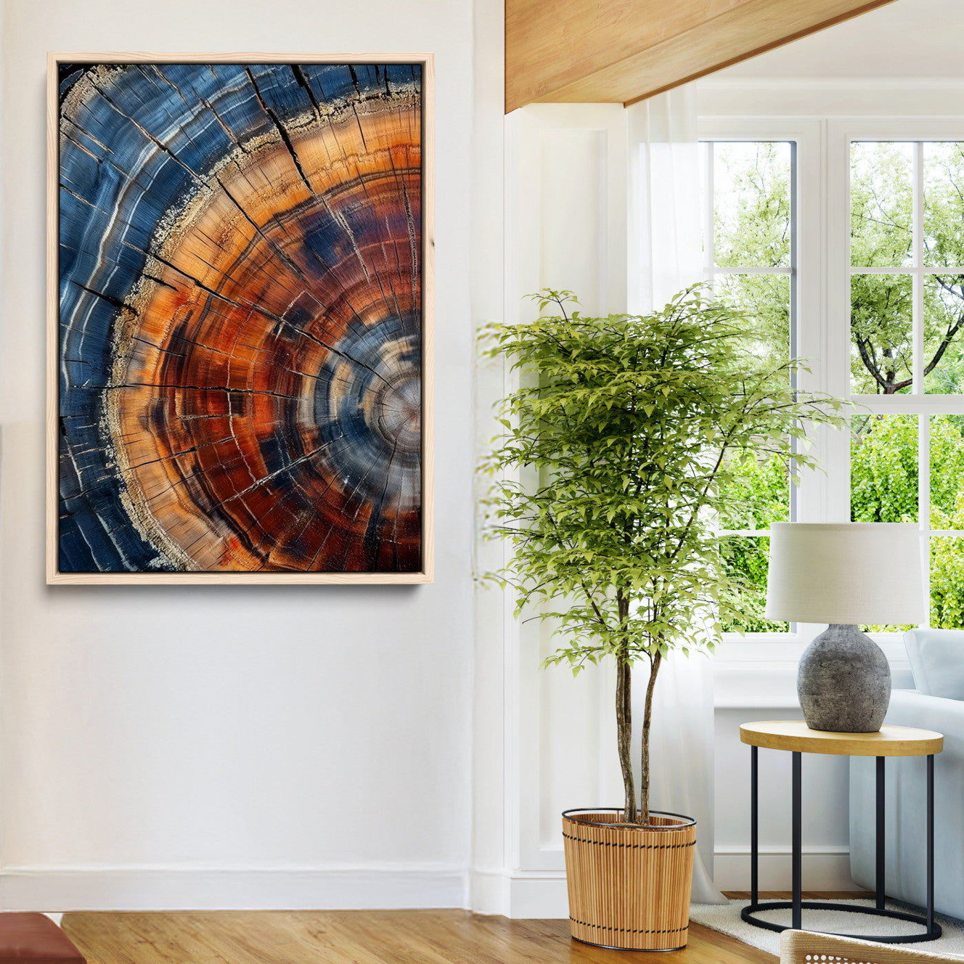 38379387-MGV-CV-36X24-Tree Rings Wall Art Canvas Print – Blue Wood Grain Rustic Texture Natural Earthy Nature Artwork for Home Office