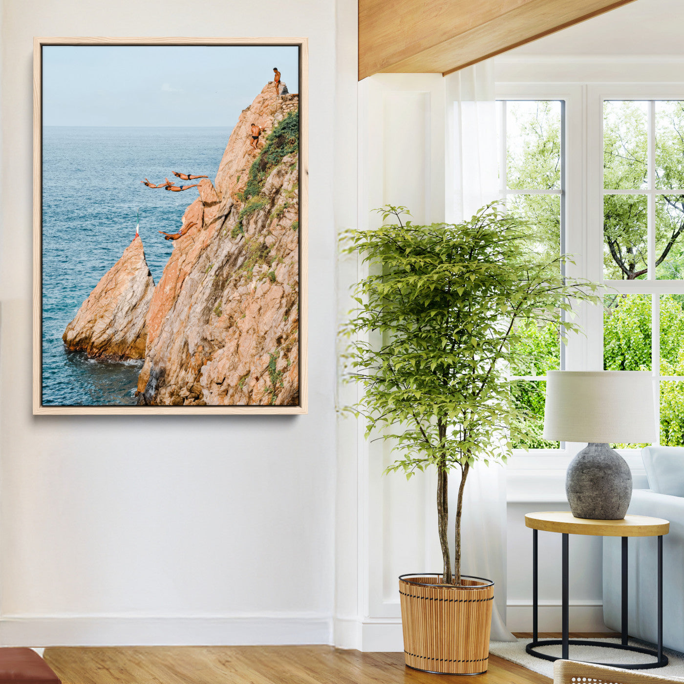 -Cliff Divers Wall Art Canvas Print, Framed Oceanfront Art Picture Print, Coastal Perfect Adventurous