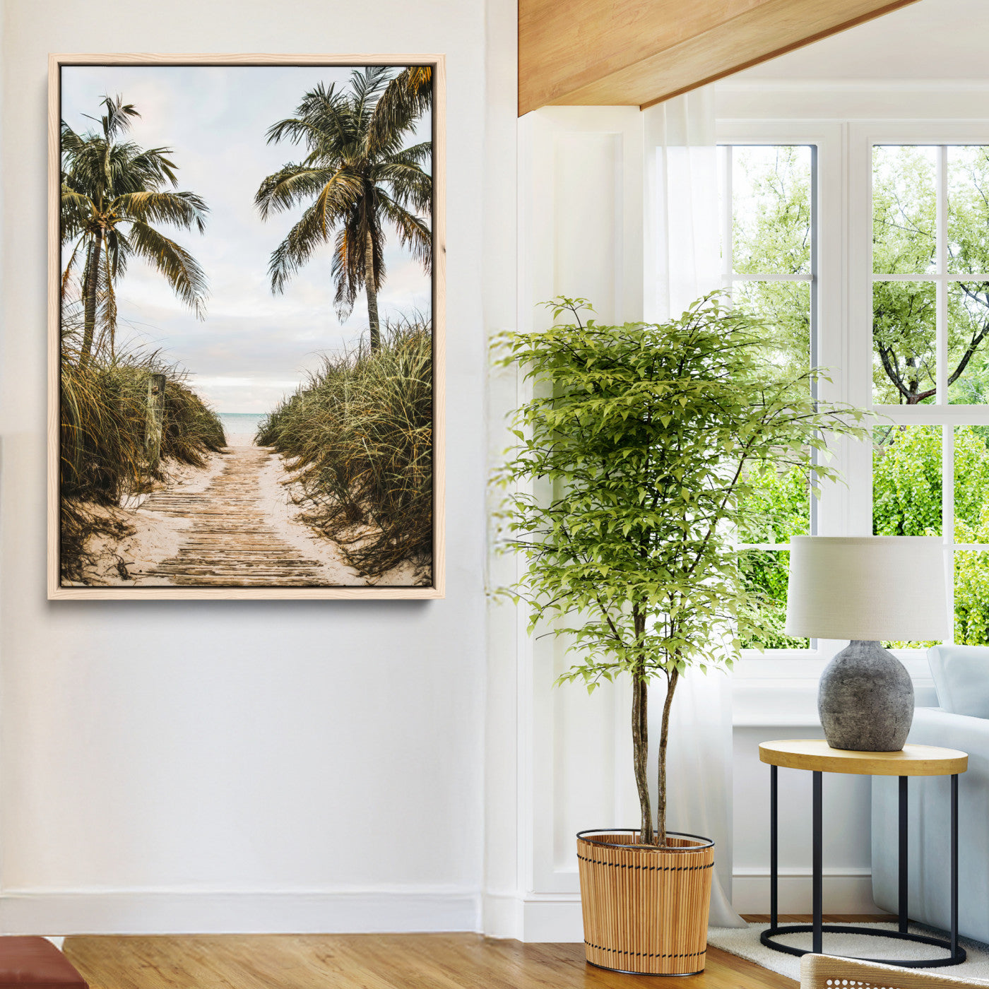 47319550-MGV-CV-36X24-Tropical Beach Wall Art Canvas Print – Framed Coastal Palm Tree Scene with Rustic Sand Ocean Artwork for Home, Office