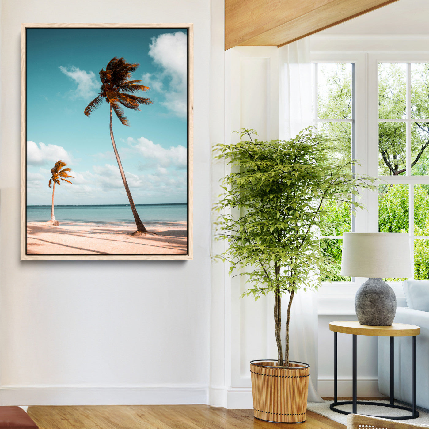 31614416-MGV-CV-24X36-Tropical Beach Wall Art Canvas Print – Framed Coastal Palm Trees Serene Ocean View Nature Artwork for Home Office