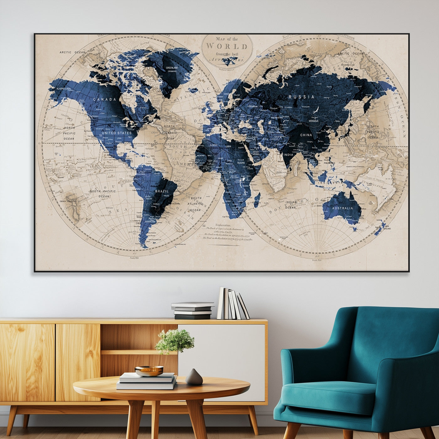 67444-MGV-CV-36X24-Vintage Blue World Map Canvas Wall Art – Antique Style Framed Map Print, Elegant Travel Decor for Home Office or Study