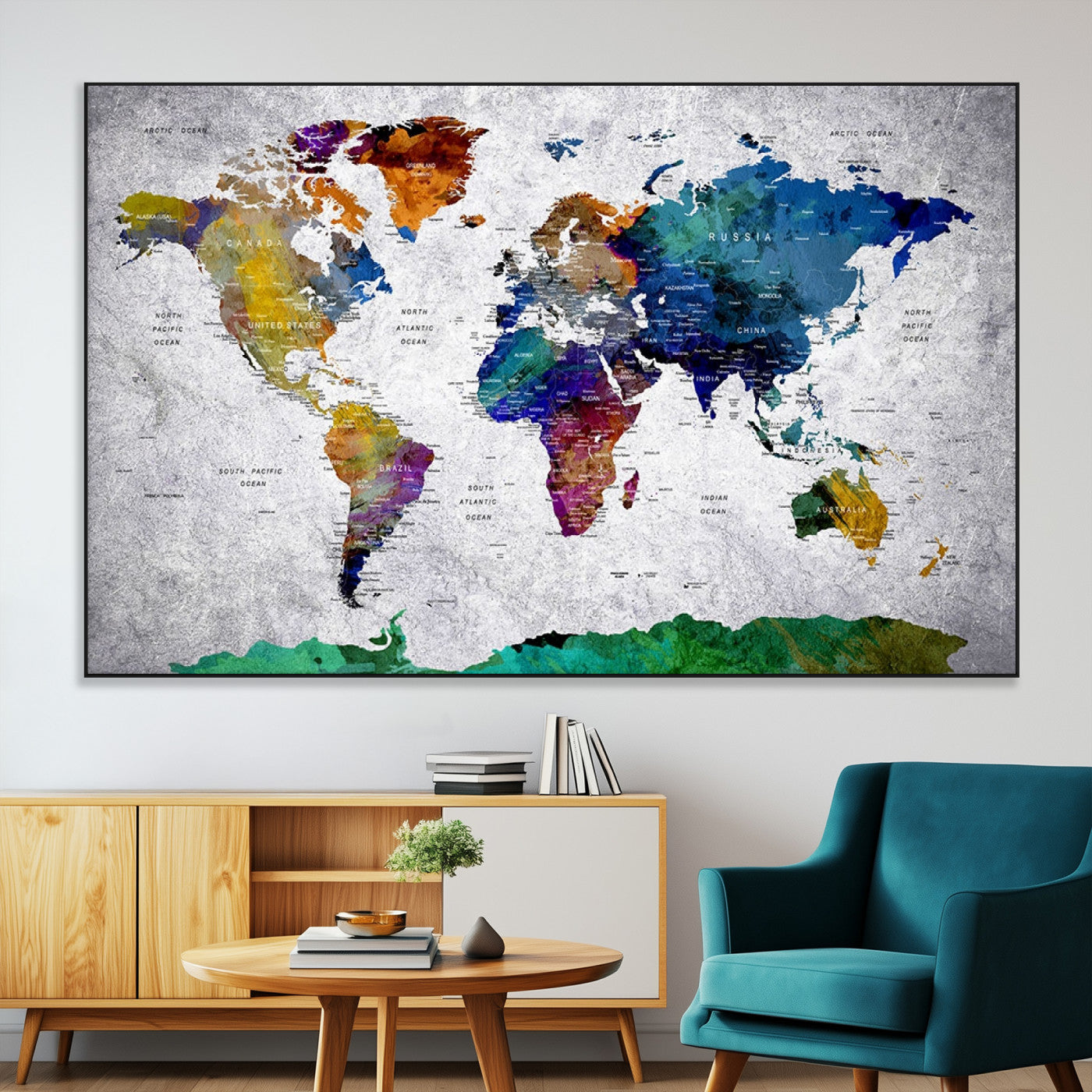 26840-MGV-CV-36X24-Push Pin World Map Canvas Print – Framed Travel Tracker Wall Art for Couples, Anniversary Gift and Modern Home Decor