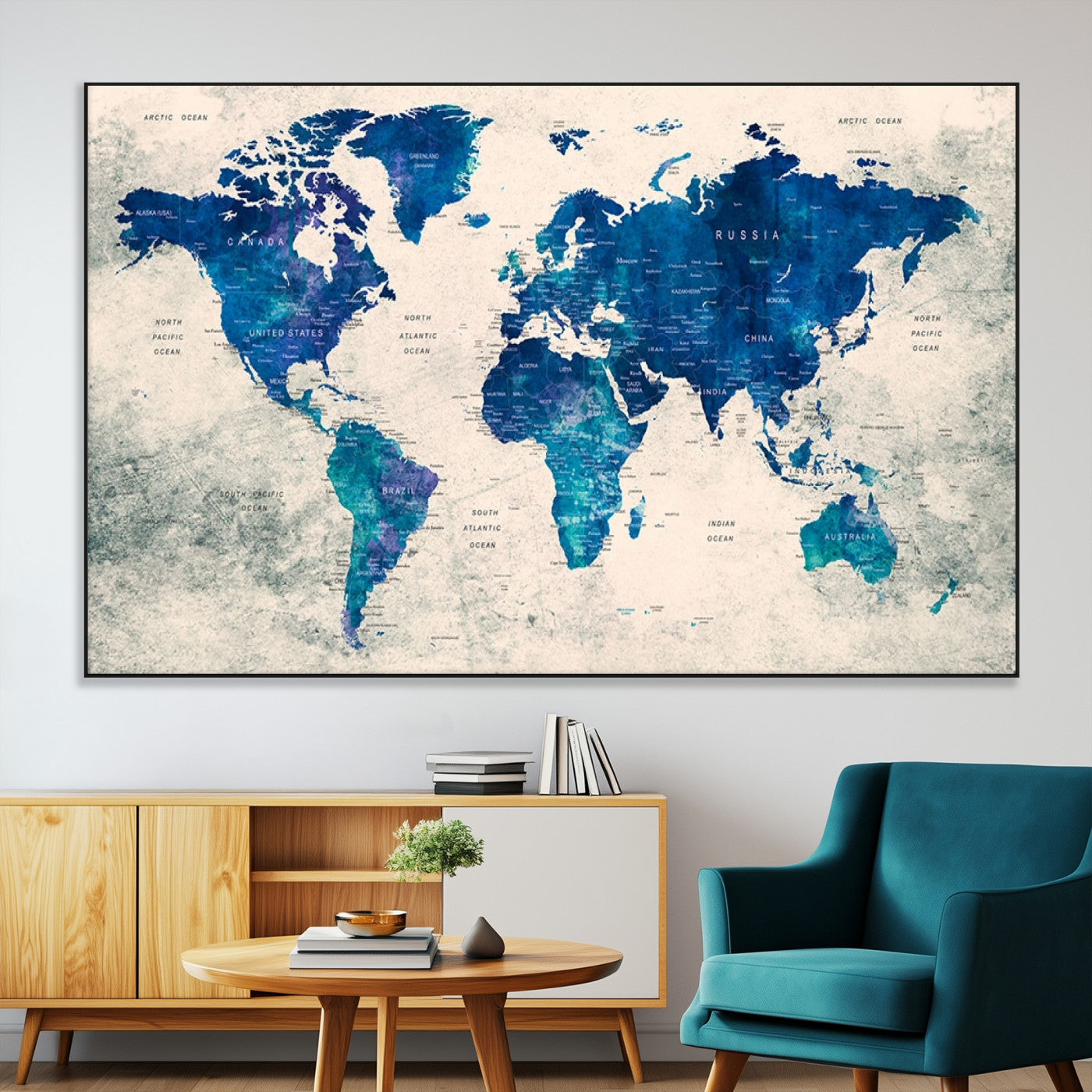 43947-MGV-CV-36X24-Blue Watercolor World Map Canvas Print – Framed Modern Wall Art, Elegant Push Pin Travel Map Decor for Home Office or Living Room