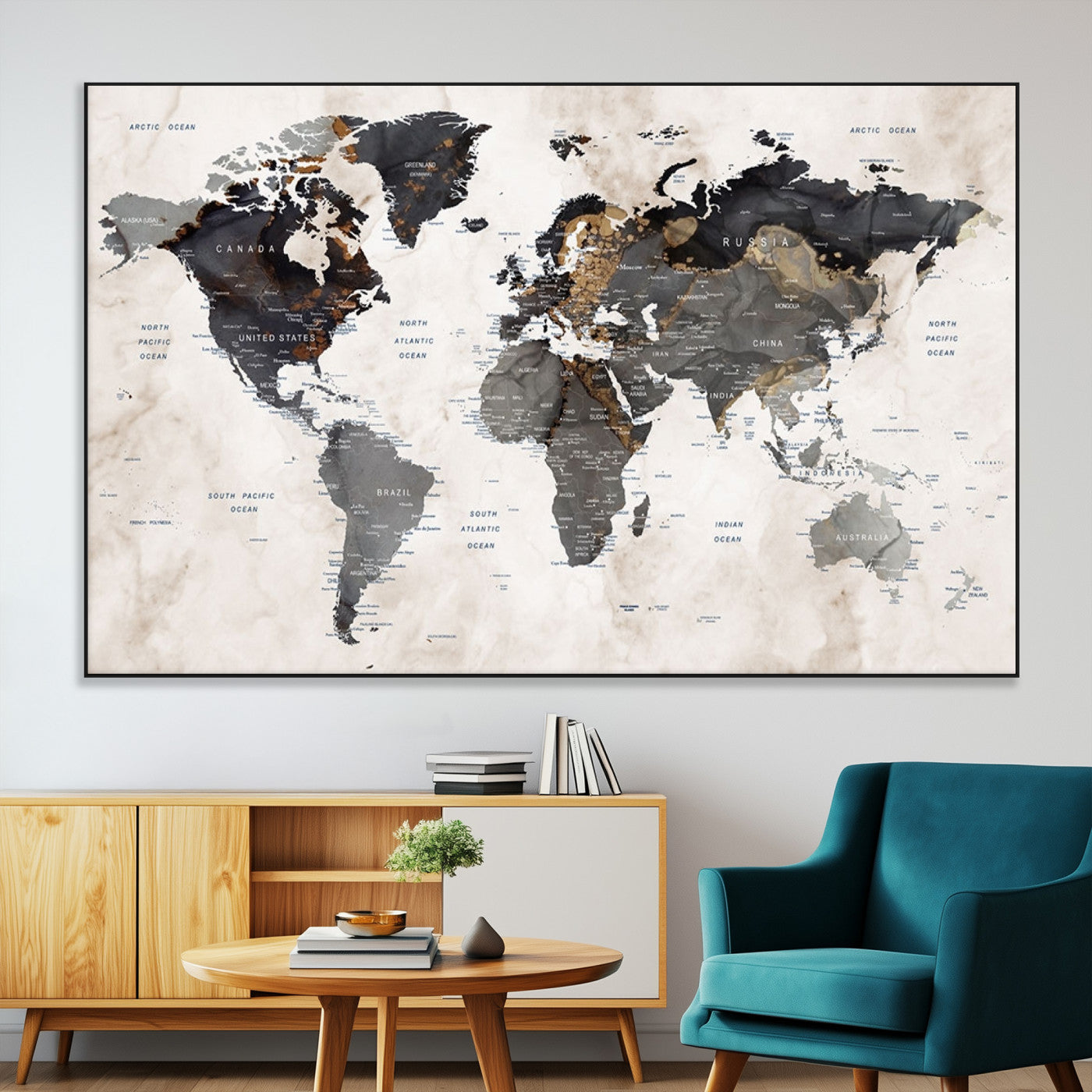 48937-MGV-CV-36X24-Push Pin World Map Canvas Print – Framed Travel Tracker Wall Art for Couples, Romantic Anniversary Gift and Home Decor
