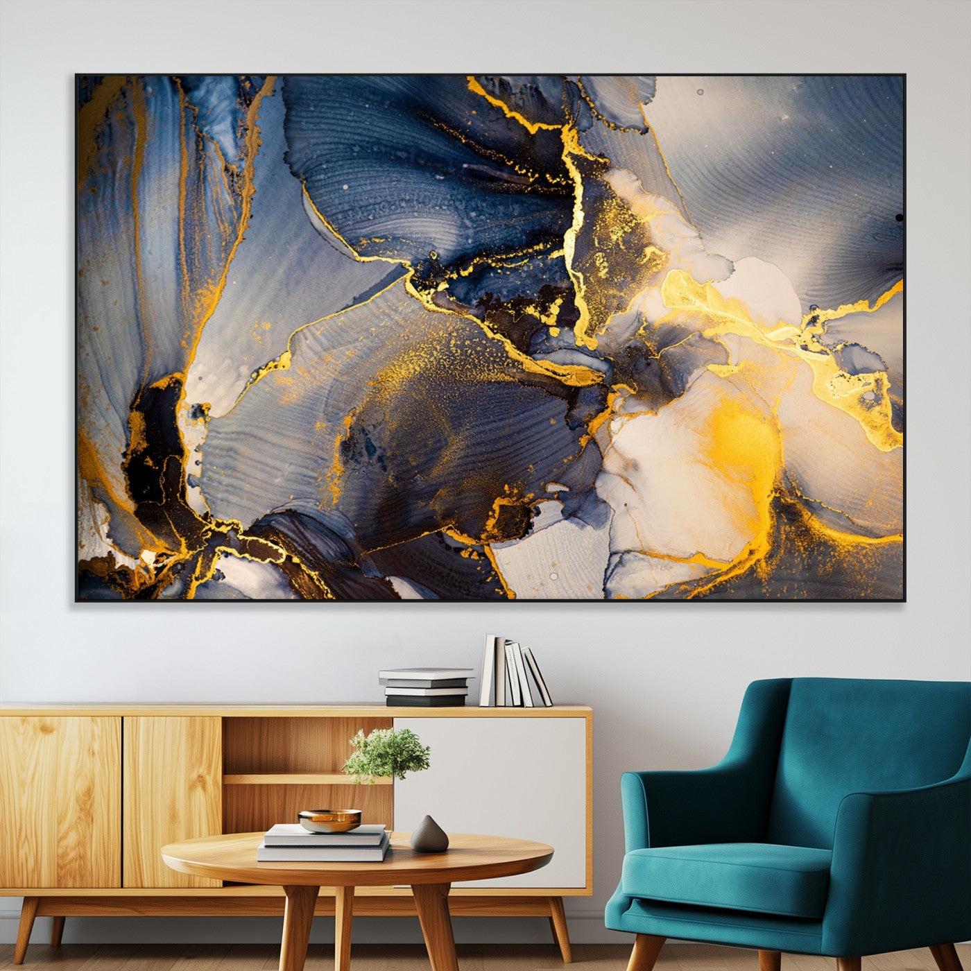 42100-MGV-CV-36X24-Large Abstract Wall Art Print - Gold and Blue Abstract Canvas Wall Art | Fluid Ink Modern Luxury
