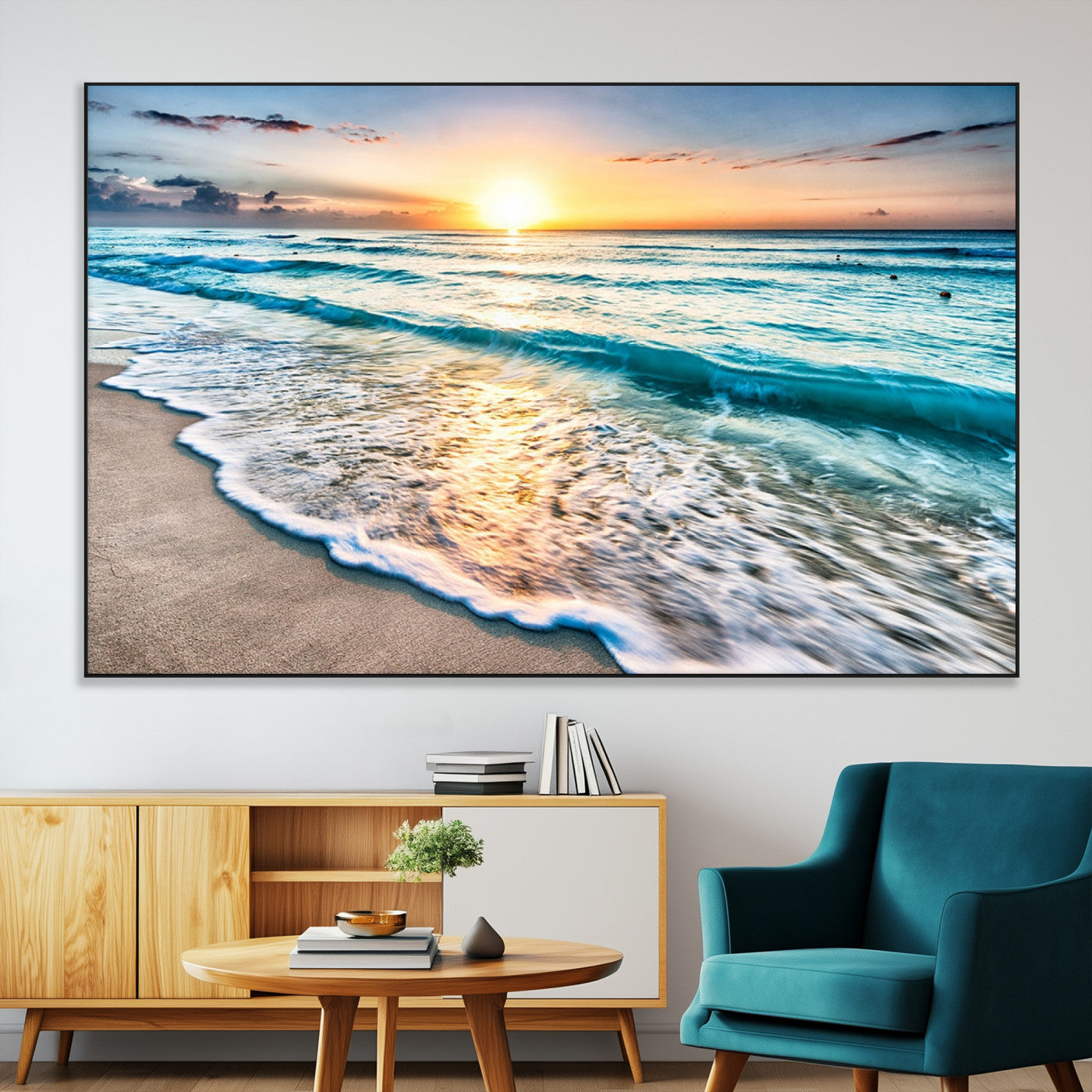 27815-MGV-CV-36X24-Sunset Beach Waves Canvas Wall Art – 5-Panel Ocean Sunset Print – Coastal Decor for Living Room or