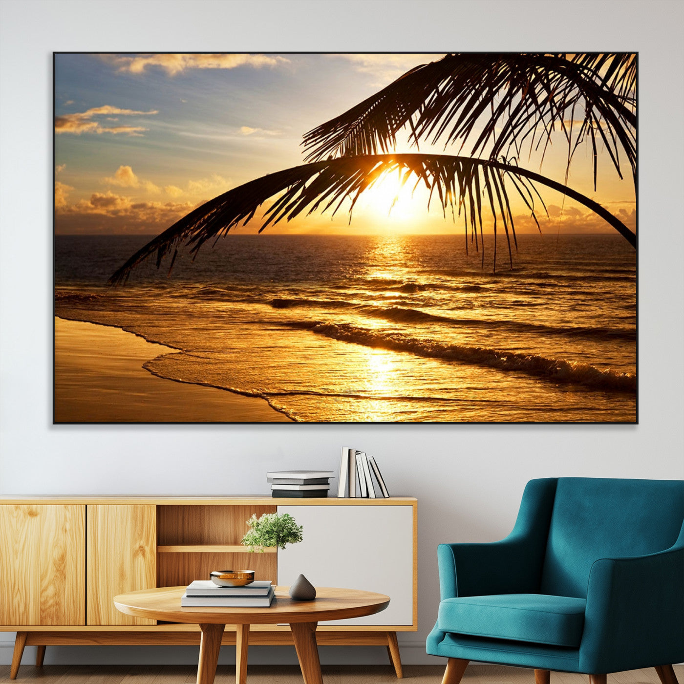 -Golden Tropical Beach Sunset Canvas Triptych, Coastal Palm Tree Wall Art, Ocean Shoreline Giclee