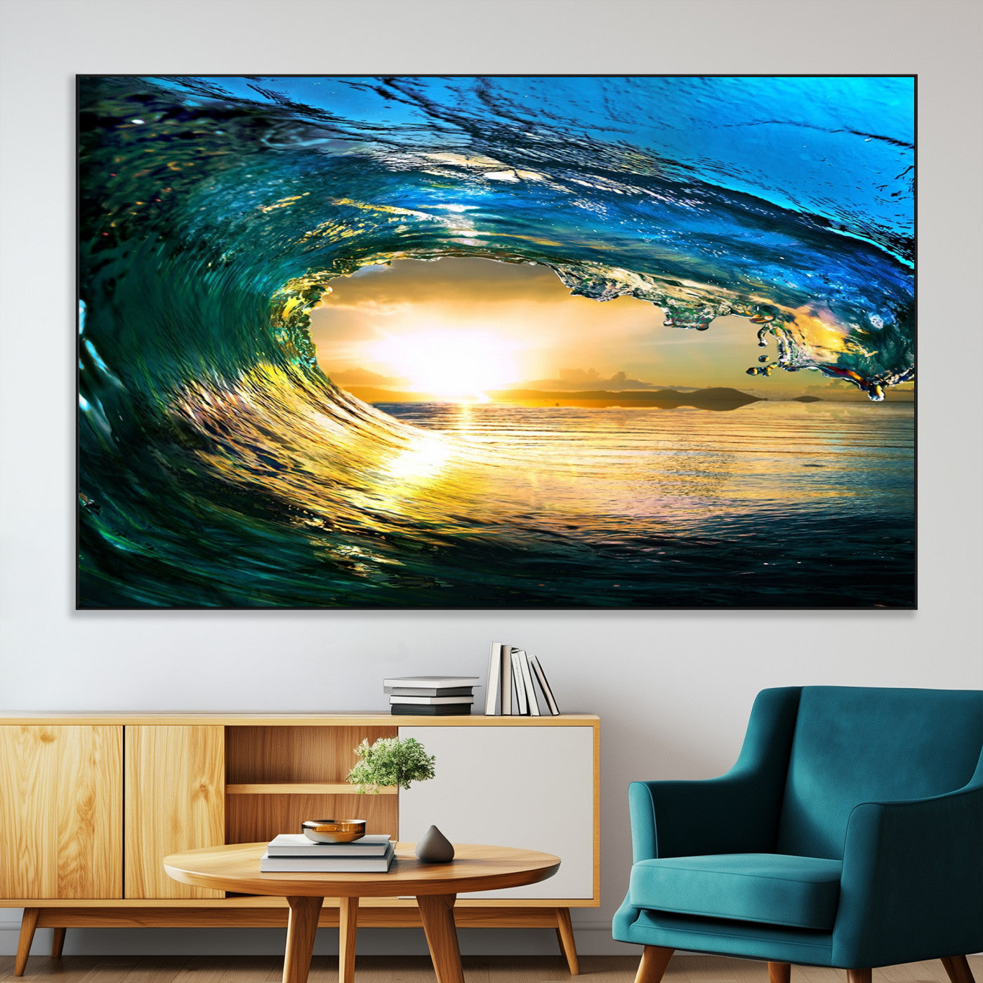 -Ocean Wave at Sunset Canvas Art, Large Wall Print of Vibrant Water Waves, Coastal Art for Living