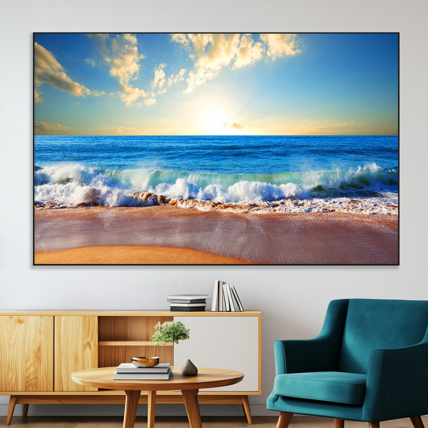 -Tropical Beach Sunset Canvas Art, Ocean Waves and Sandy Shoreline Wall Art, Large Beach Decor for