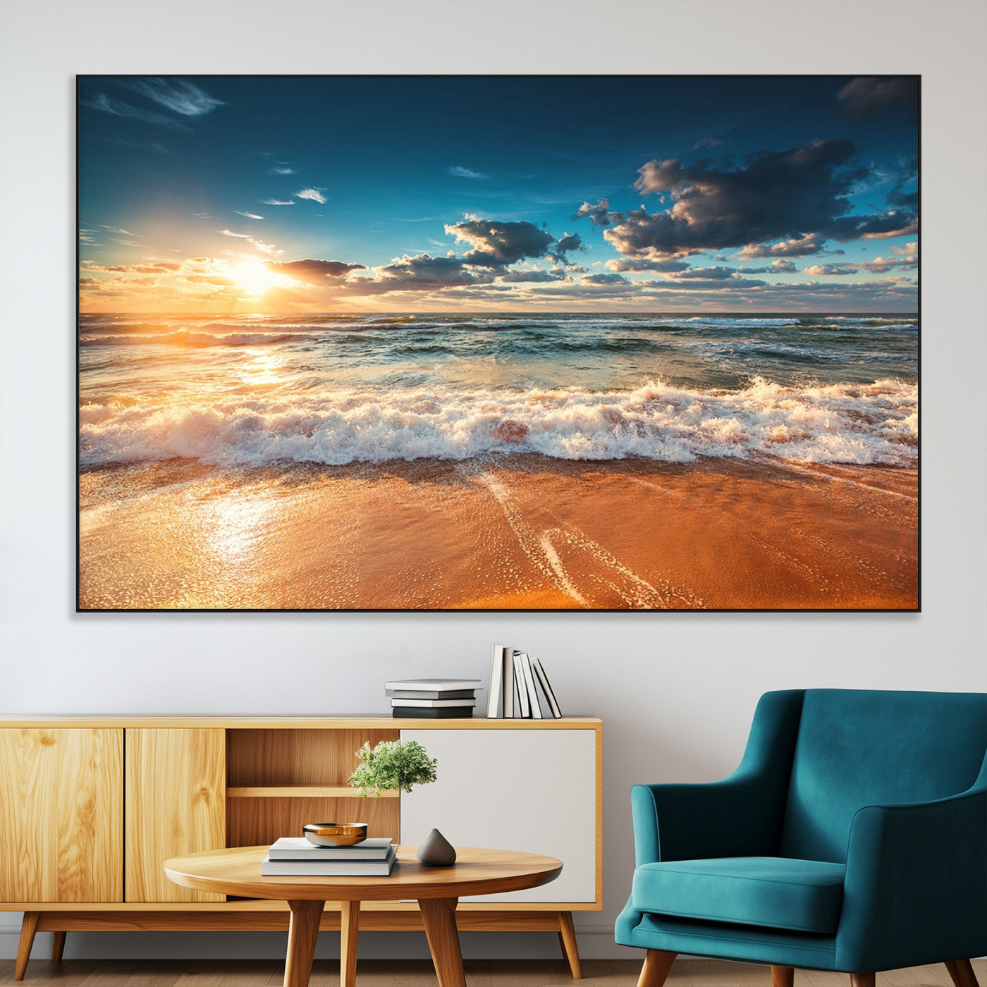-Golden Sunset Beach Triptych Canvas Art, Giclee Coastal Wall Decor, Ocean Waves Print, Modern Beach