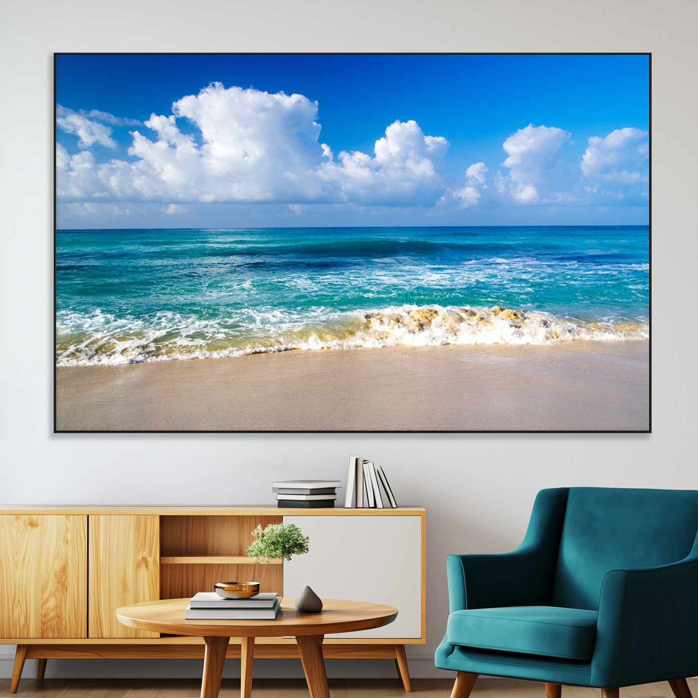 60364-MGV-CV-36X24-Tropical Beach 3-Panel Canvas Wall Art – Serene Ocean Waves and Blue Sky Wall Art Print