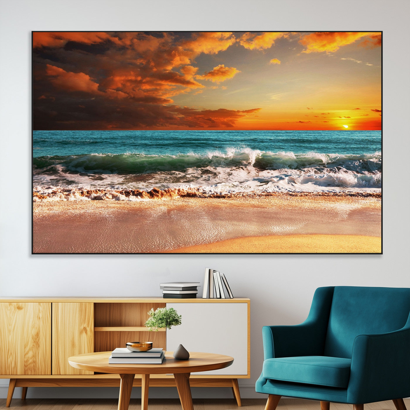 -Golden Sunset Beach Canvas Wall Art – Triptych Seascape Print – Framed and Ready to Hang for Living