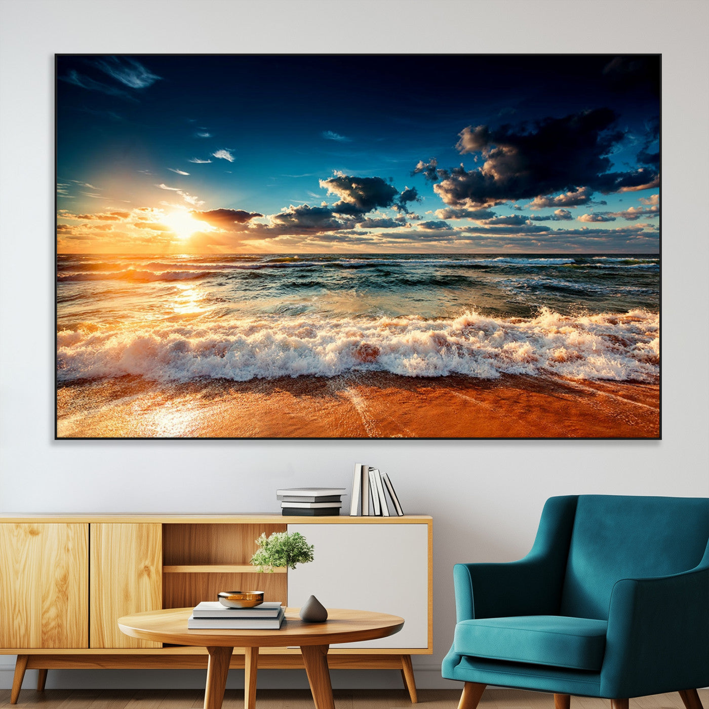 26996-MGV-CV-36X24-Golden Hour Sunset Over Ocean Waves Wall Art Canvas Print | 3 Panel Coastal Landscape Canvas Wall