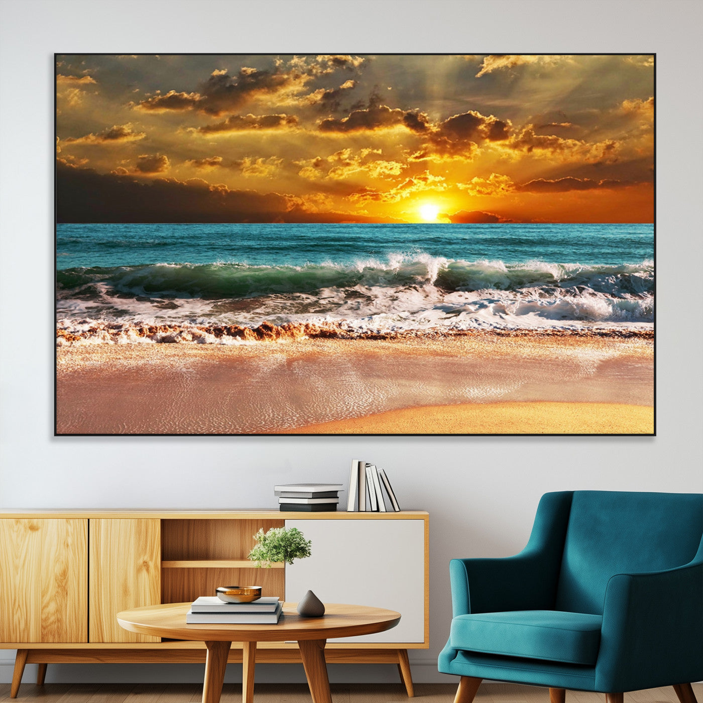 16495-MGV-CV-36X24-Golden Sunset Beach Canvas Wall Art – Triptych Seascape Print – Framed and Ready to Hang for Living