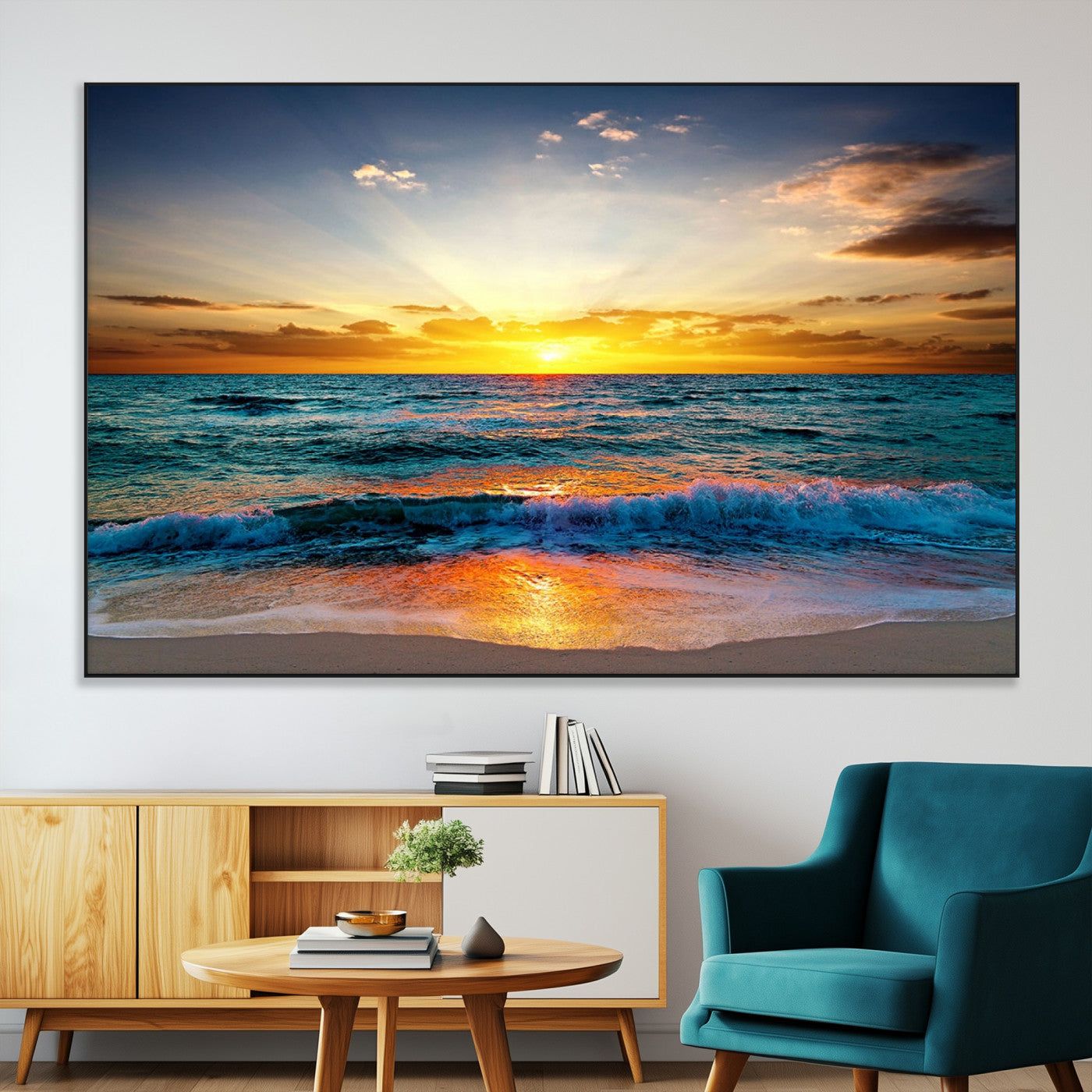 -Vibrant Ocean Sunrise Over Golden Beach Waves, Giclee Canvas Wall Art Set, High-Quality Stretched